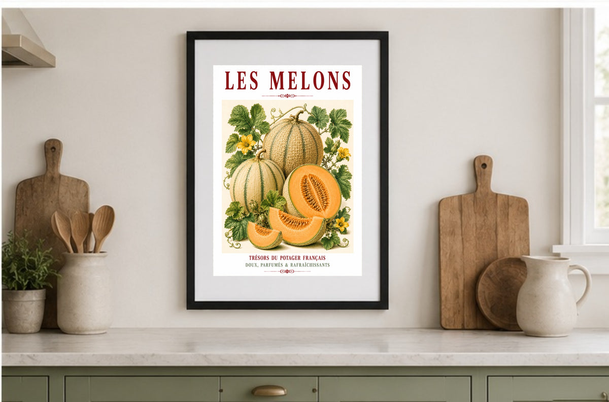 Illustrated French Melon Print | French Kitchen Wall Art, Illustrated French, Botanical, French Country, Provençal, Fruit Illustration, Kitchen Garden, French Kitchen, Mediterranean, Country Kitchen, Botanical Wall Art wall artwork.