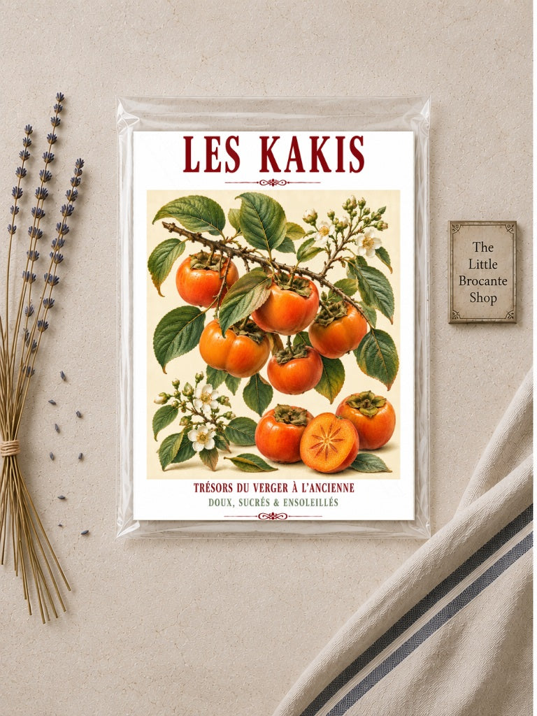 Illustrated French Persimmon (Sharon Fruit) Print | French Kitchen Wall Art, Illustrated French, Botanical, French Country, Orchard Inspired, Fruit Illustration, Mediterranean, French Kitchen, Country Kitchen, Cottage Style, Botanical Wall Art wall artwork.