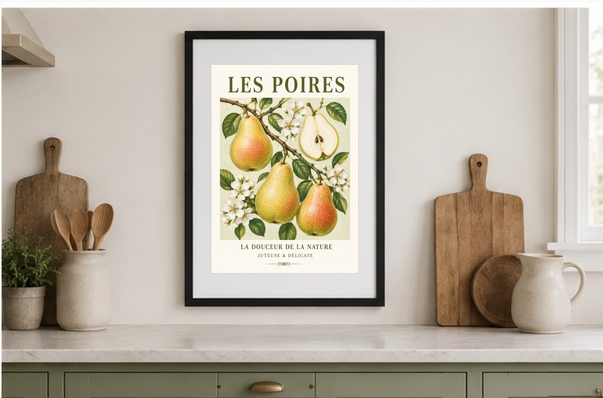 Les Poires – Illustrated French Pear Print | French Kitchen Wall Art, Illustrated French, Botanical, French Country, Country Kitchen, Orchard Inspired, Fruit Illustration, Cottage Style, Rustic Country wall artwork.