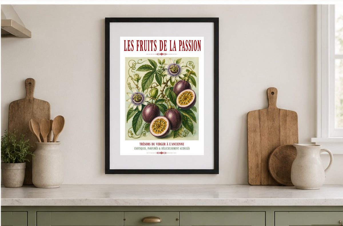 Illustrated French Passion Fruit Print | French Kitchen Wall Art, Illustrated French, Botanical, French Country, Exotic Botanical, French Kitchen, Traditional Botanical Illustration, Country Kitchen, Cottage Style, Botanical Wall Art wall artwork.