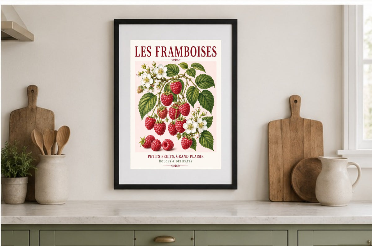 Les Framboises – Illustrated French Raspberry Print | French Kitchen Wall Art, Illustrated French, Botanical, French Country, Fruit Illustration, Kitchen Garden, Country Kitchen, Cottage Style, French Inspired wall artwork.