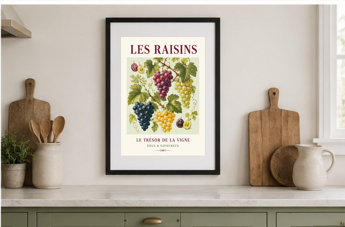 Les Raisins – Illustrated French Grape Print | French Kitchen Wall Art, Illustrated French, Botanical, French Country, Vineyard Inspired, Fruit Illustration, Country Kitchen, European Kitchen, Rustic Country wall artwork.