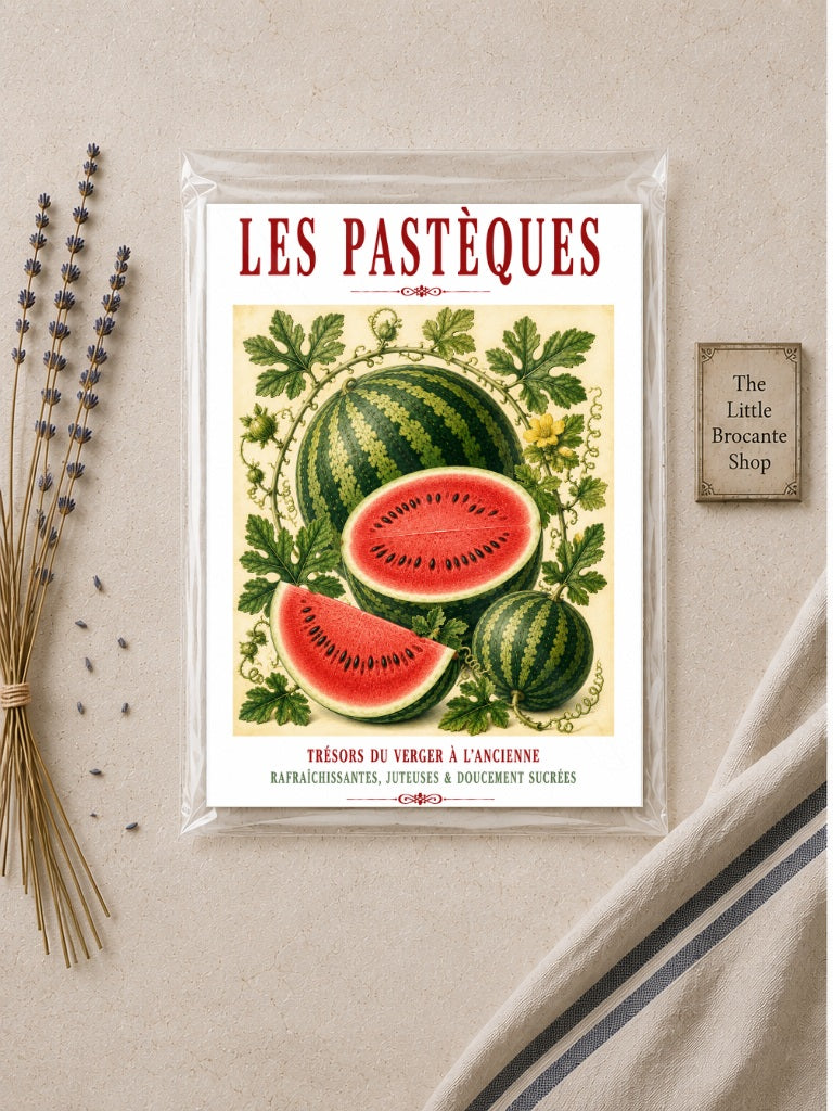 Illustrated French Watermelon Print | French Kitchen Wall Art, Illustrated French, Botanical, French Country, Mediterranean, Fruit Illustration, French Kitchen, Country Kitchen, Cottage Style, Summer Inspired, Botanical Wall Art wall artwork.