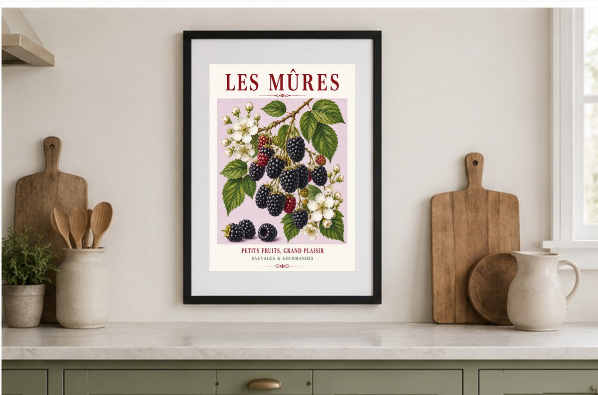 Les Mûres – Illustrated French Blackberry Print | French Kitchen Wall Art, Illustrated French, Botanical, French Country, Fruit Illustration, Hedgerow Inspired, Country Kitchen, Cottage Style, French Countryside wall artwork.