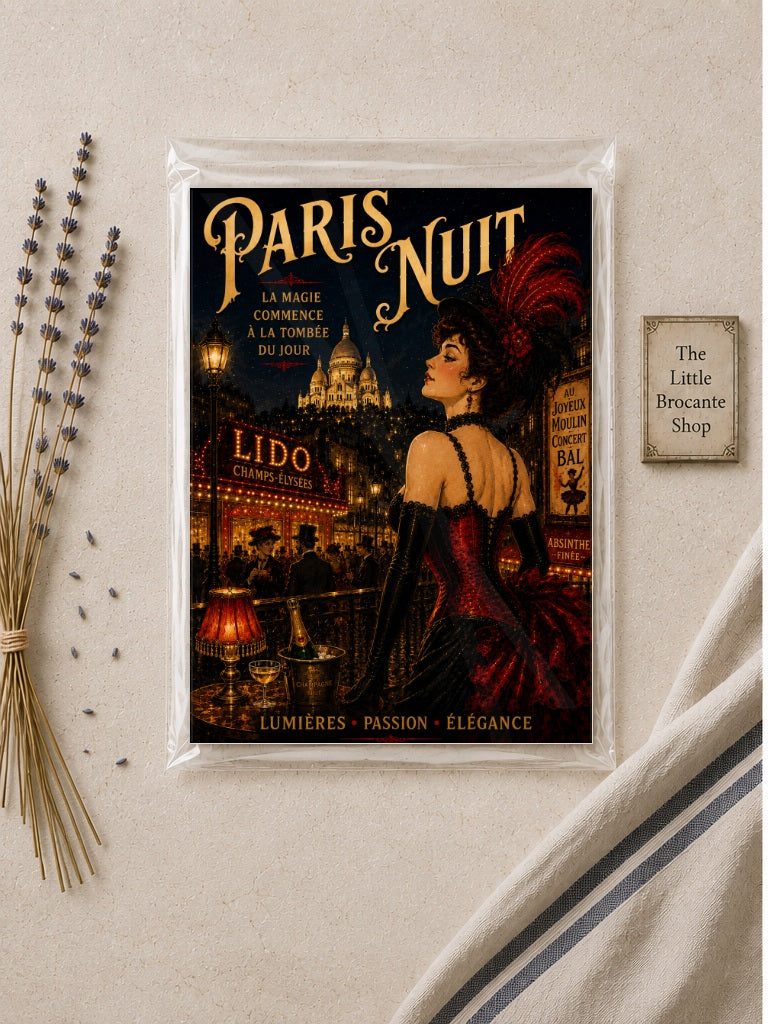 Paris Nuit – Vintage French Belle Époque Paris Nightlife Wall Art Print, Belle Époque, Vintage French Poster, Art Nouveau Inspired, Parisian, Montmartre, French Cabaret, Victorian Glamour, Maximalist, Dark Academia, Vintage Travel wall artwork.