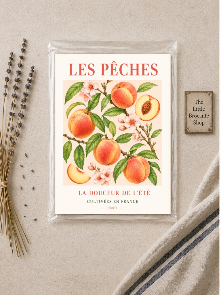 Les Pêches – Illustrated French Peach Print | French Kitchen Wall Art, Illustrated French, Botanical, French Country, Fruit Illustration, Orchard Inspired, Country Kitchen, Cottage Style, Provence Inspired wall artwork.