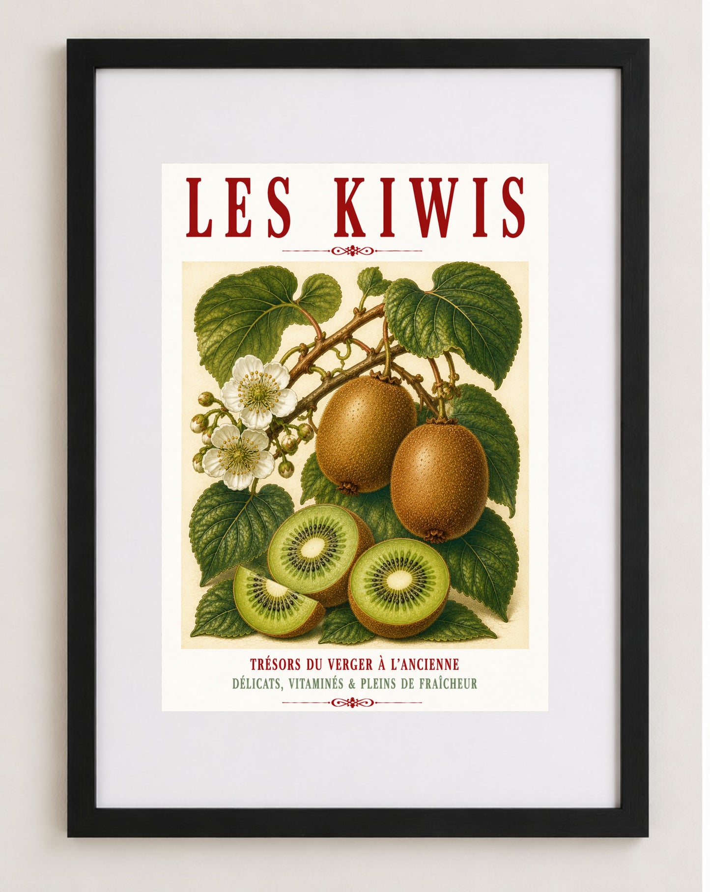 Illustrated French Kiwi Fruit Print | French Kitchen Wall Art, Illustrated French, Botanical, French Country, Fruit Illustration, Traditional Botanical, Rustic Kitchen, Country Kitchen, French Kitchen, Cottage Style, Botanical Wall Art wall artwork.