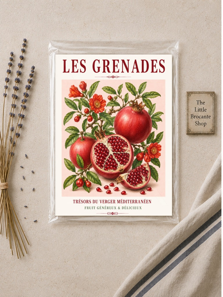 French Pomegranate Illustrated Print | French Kitchen Wall Art, Illustrated French, Botanical, Mediterranean, French Country, Fruit Illustration, Country Kitchen, French Countryside, Botanical Wall Art wall artwork.