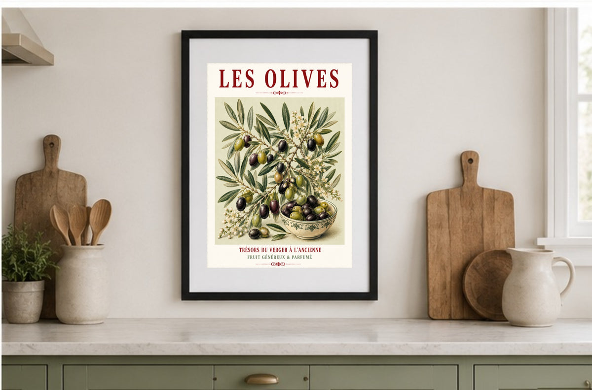 Illustrated French Olive Print | Mediterranean Kitchen Wall Art, Illustrated French, Botanical, French Country, Provençal, Mediterranean, Olive Grove, French Kitchen, Country Kitchen, Rustic European, Botanical Wall Art wall artwork.