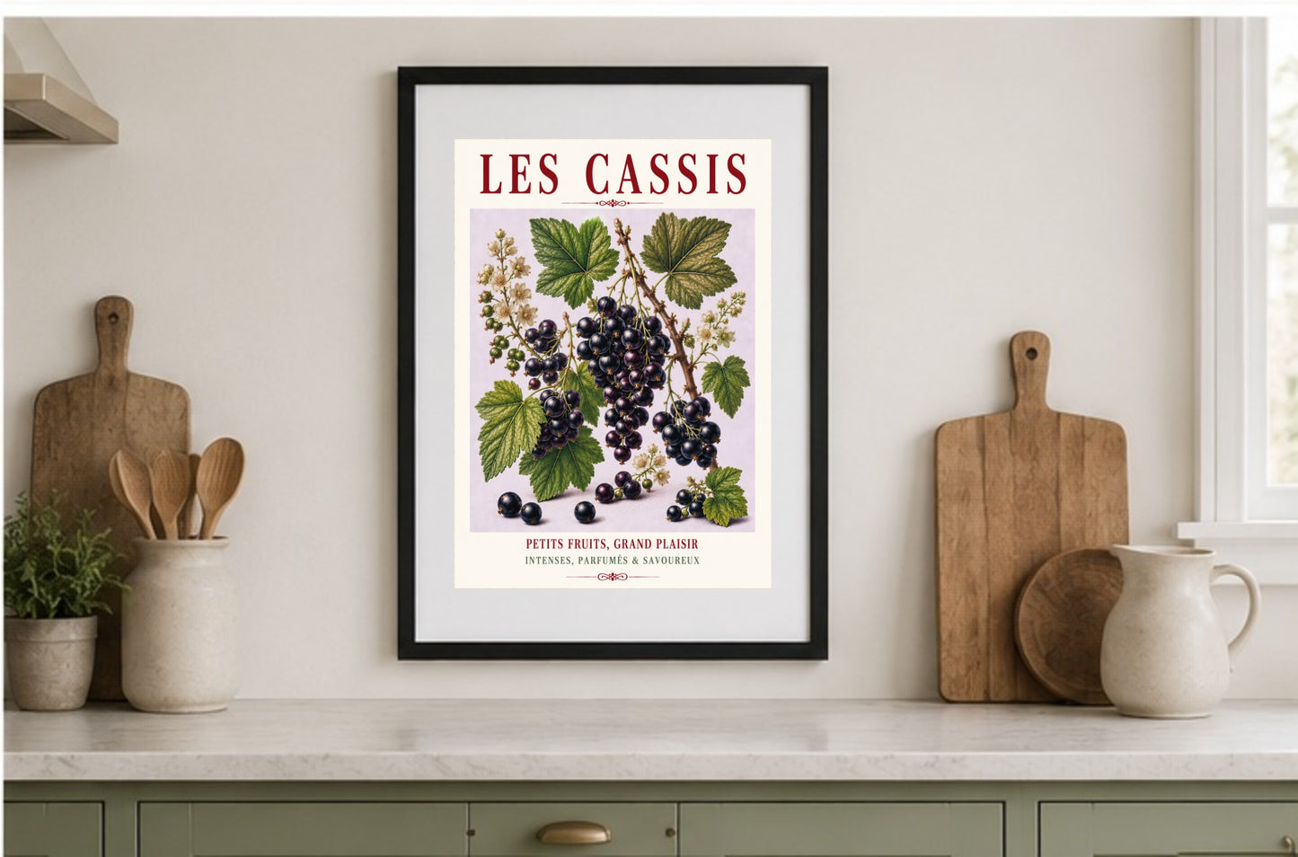 Illustrated French Blackcurrant Print - Les Cassis | French Kitchen Wall Art, Illustrated French, Botanical, French Country, Berry Illustration, Fruit Illustration, Country Kitchen, French Countryside, Cottage Style, Botanical Wall Art wall artwork.