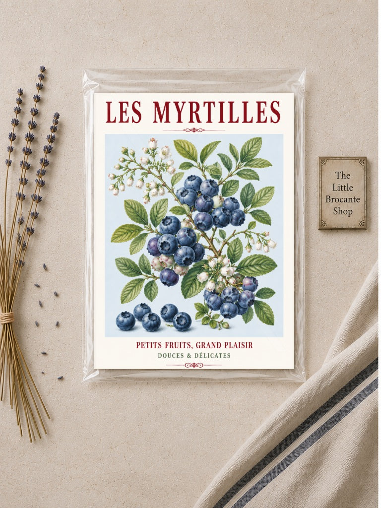French Blueberry Print - Les Myrtilles | French Kitchen Wall Art, Illustrated French, Botanical, French Country, Fruit Illustration, Country Kitchen, French Countryside, Cottage Style, Botanical Wall Art wall artwork.