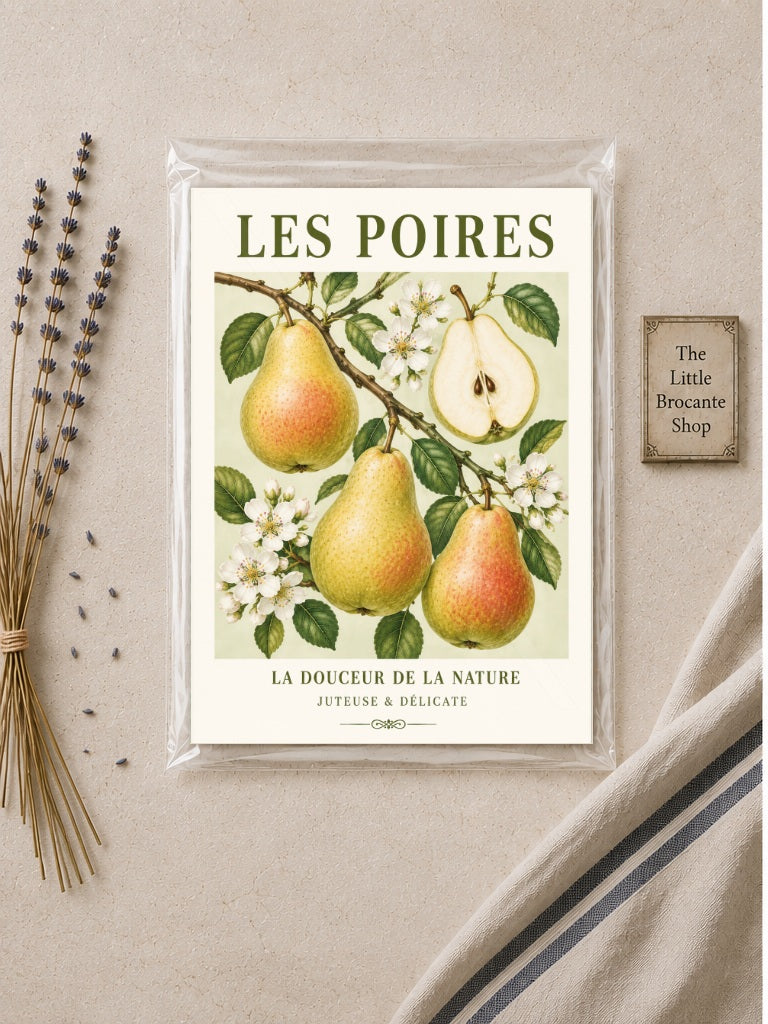 Les Poires – Illustrated French Pear Print | French Kitchen Wall Art, Illustrated French, Botanical, French Country, Country Kitchen, Orchard Inspired, Fruit Illustration, Cottage Style, Rustic Country wall artwork.