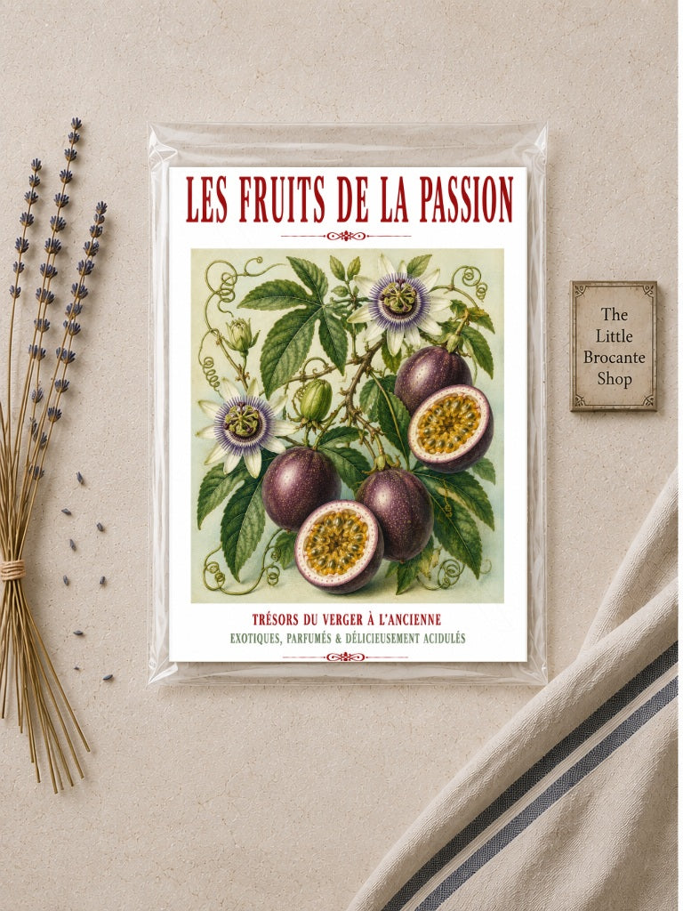 Illustrated French Passion Fruit Print | French Kitchen Wall Art, Illustrated French, Botanical, French Country, Exotic Botanical, French Kitchen, Traditional Botanical Illustration, Country Kitchen, Cottage Style, Botanical Wall Art wall artwork.