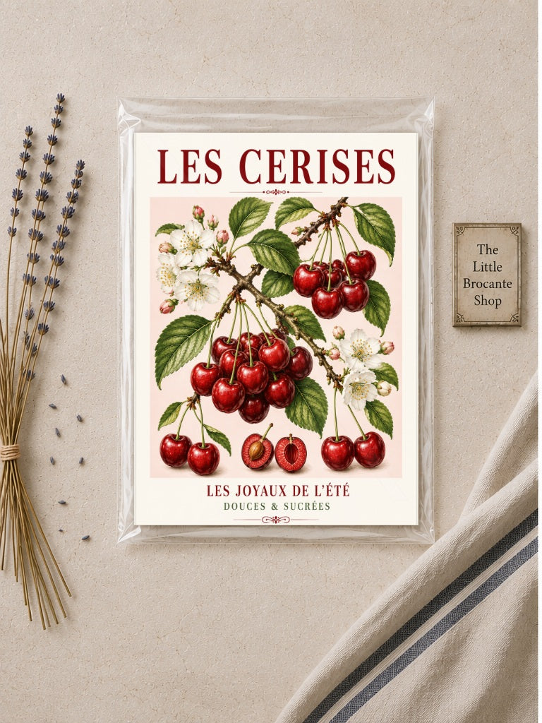 Les Cerises – Illustrated French Cherry Print | French Kitchen Wall Art, Illustrated French, Botanical, French Country, Country Kitchen, Fruit Illustration, European Kitchen, Cottage Style wall artwork.