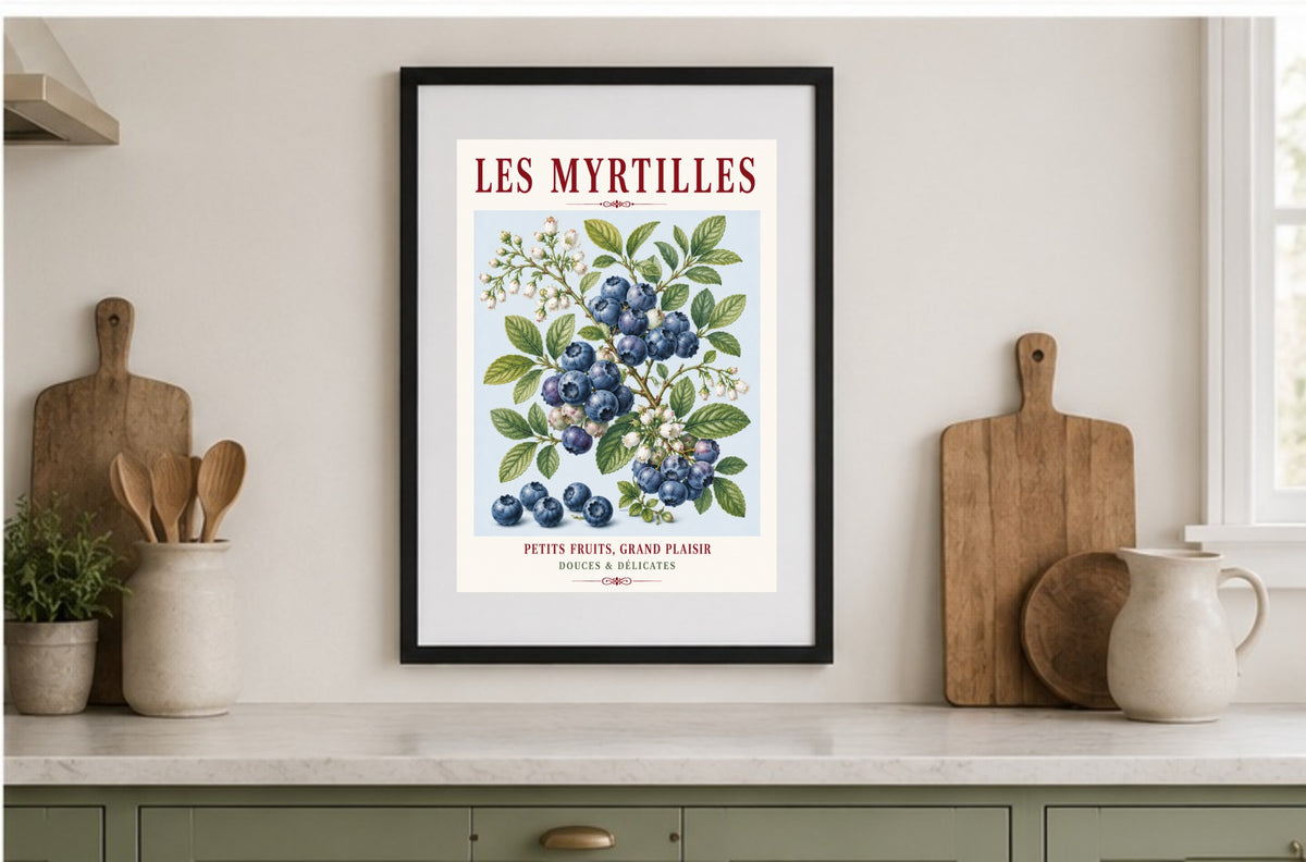 French Blueberry Print - Les Myrtilles | French Kitchen Wall Art, Illustrated French, Botanical, French Country, Fruit Illustration, Country Kitchen, French Countryside, Cottage Style, Botanical Wall Art wall artwork.