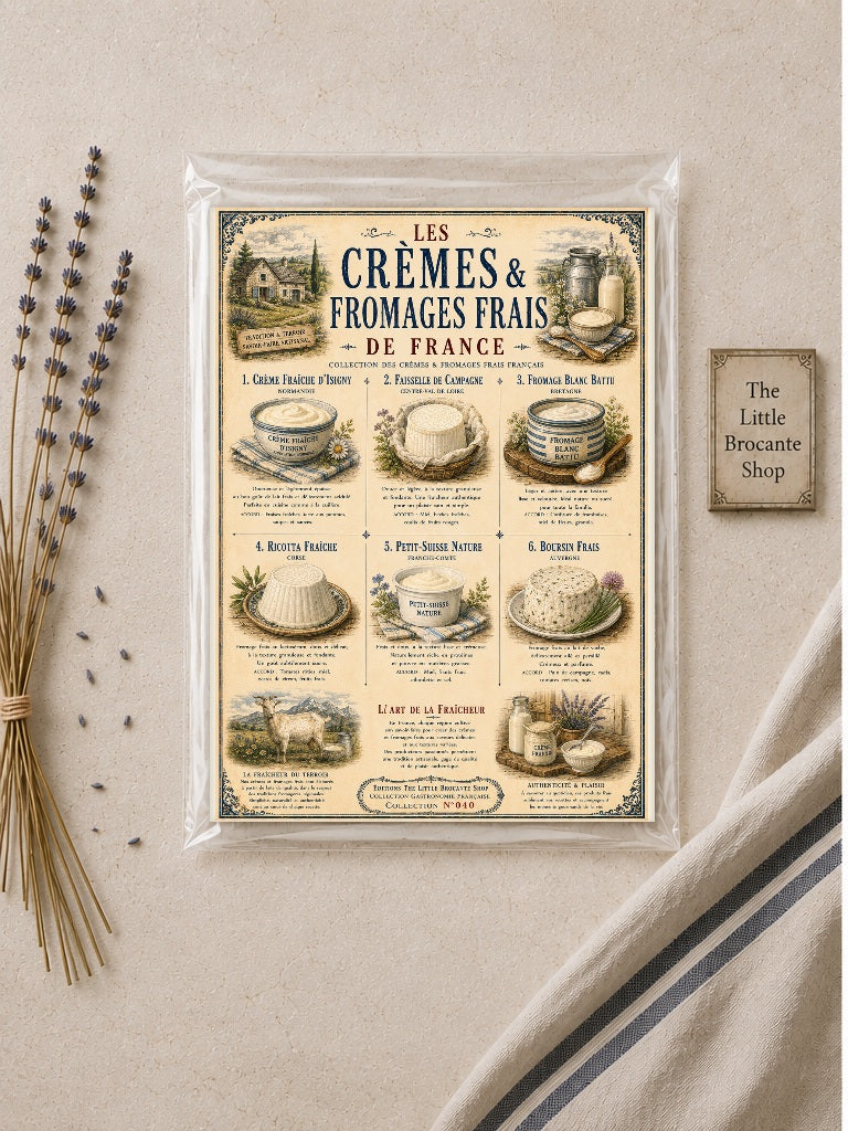 Les Crèmes & Fromages Frais – Vintage French Dairy Print | French Kitchen Wall Art, French Country, French Farmhouse, Cottagecore, Rustic Country, Traditional Kitchen, Brocante, Vintage, European Farmhouse, Provincial French, Country Cottage, Blue & White Kitchen wall artwork.