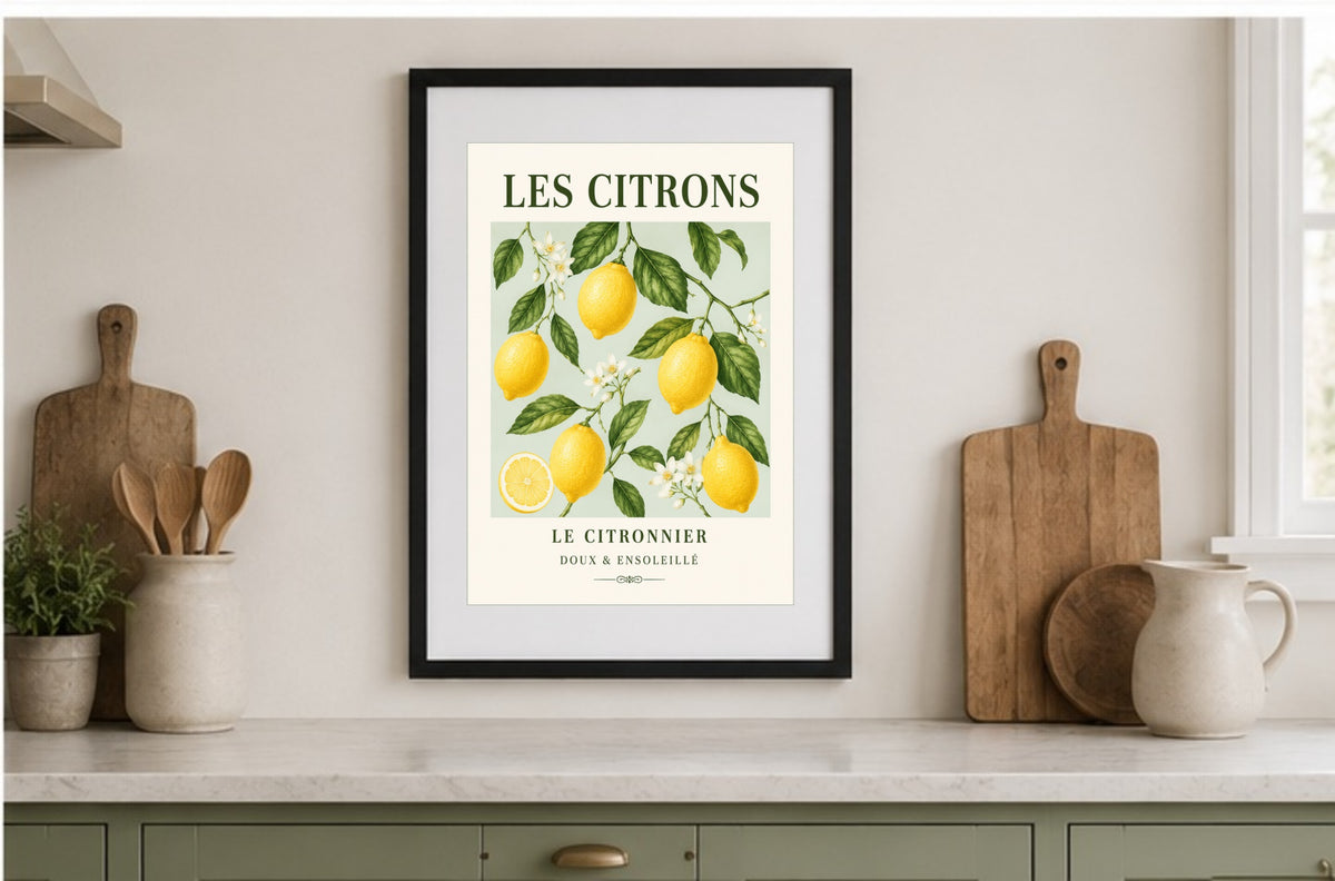 Les Citrons – Illustrated French Lemon Print | French Kitchen Wall Art, Illustrated French, Botanical, French Country, Country Kitchen, Mediterranean, Fruit Illustration, Cottage Style wall artwork.