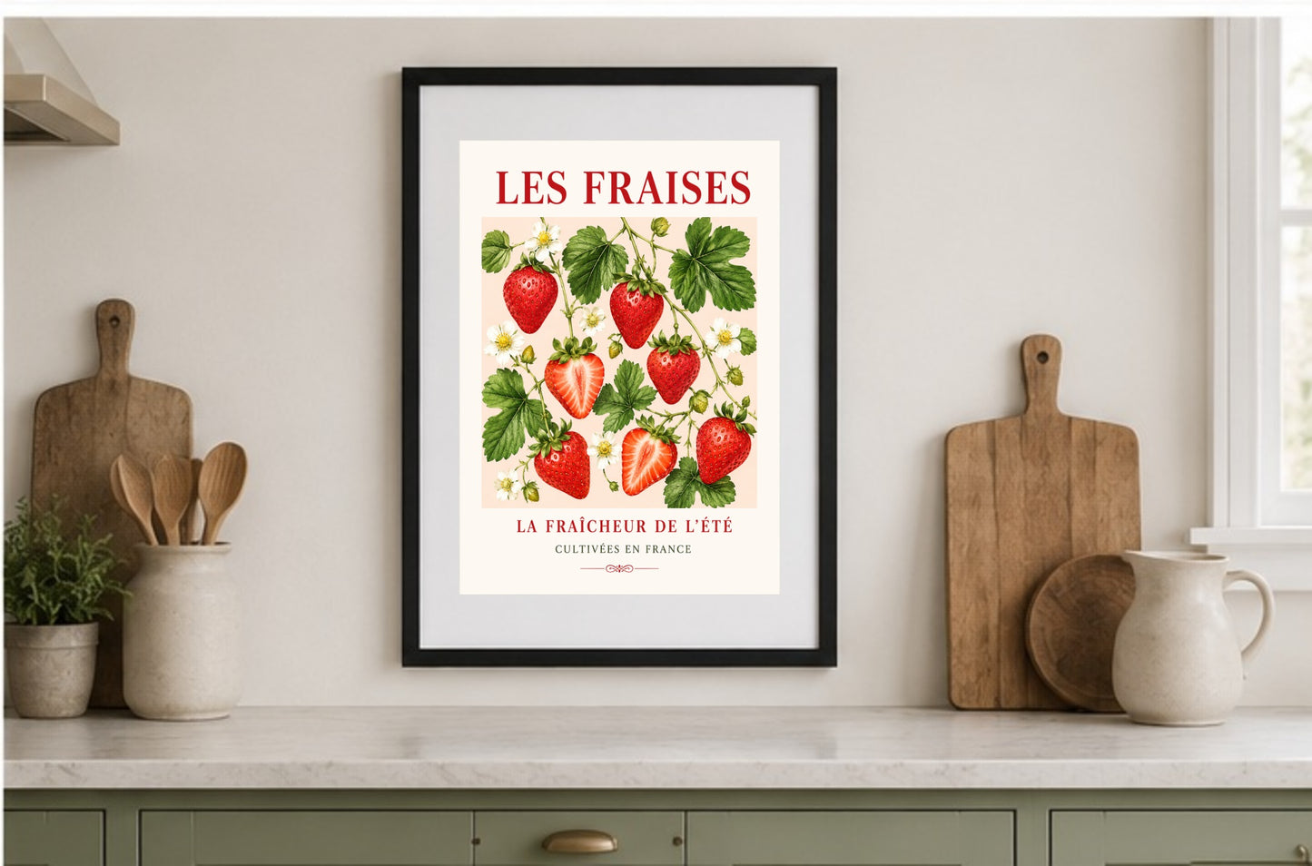 Les Fraises – French Strawberry Illustrated Print | French Fruit & Kitchen Wall Art, French Botanical, Illustrated French, French Country, Country Kitchen, Botanical Illustration, Cottage, European Kitchen, Fruit Art wall artwork.