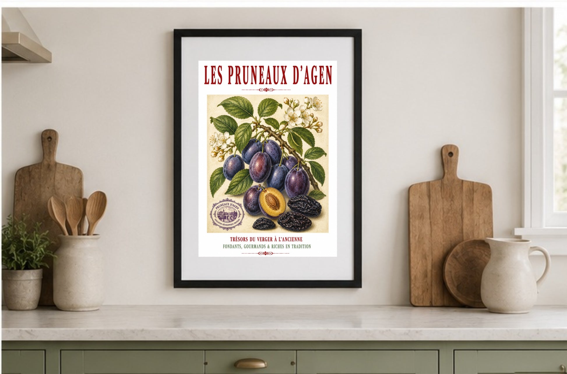 Les Pruneaux d’Agen – Illustrated French Agen Prune Print | French Kitchen Wall Art, Illustrated French, Botanical, French Country, Traditional French, Orchard Style, Pomological Illustration, French Kitchen, Country Kitchen, Regional French Food Art wall artwork.