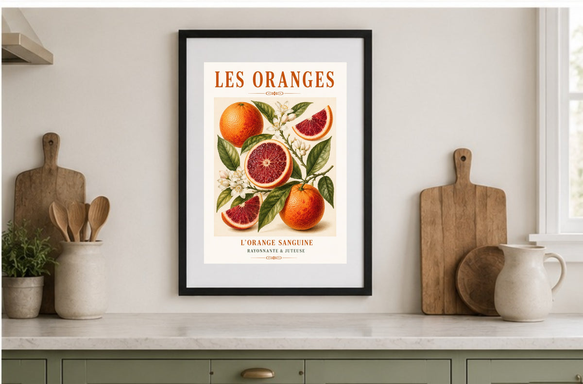 L’Orange Sanguine – Illustrated French Blood Orange Print | French Kitchen Wall Art, Illustrated French, Botanical, French Country, Mediterranean, Country Kitchen, Fruit Illustration, European Kitchen wall artwork.