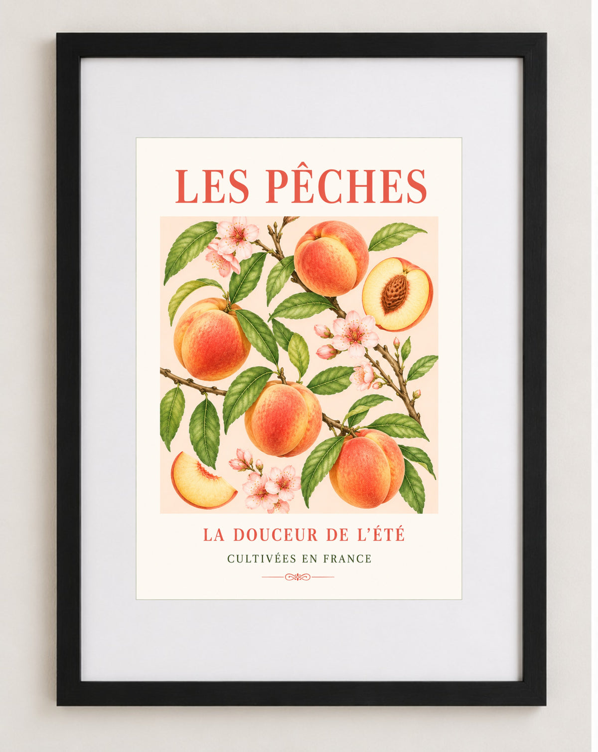 Les Pêches – Illustrated French Peach Print | French Kitchen Wall Art, Illustrated French, Botanical, French Country, Fruit Illustration, Orchard Inspired, Country Kitchen, Cottage Style, Provence Inspired wall artwork.