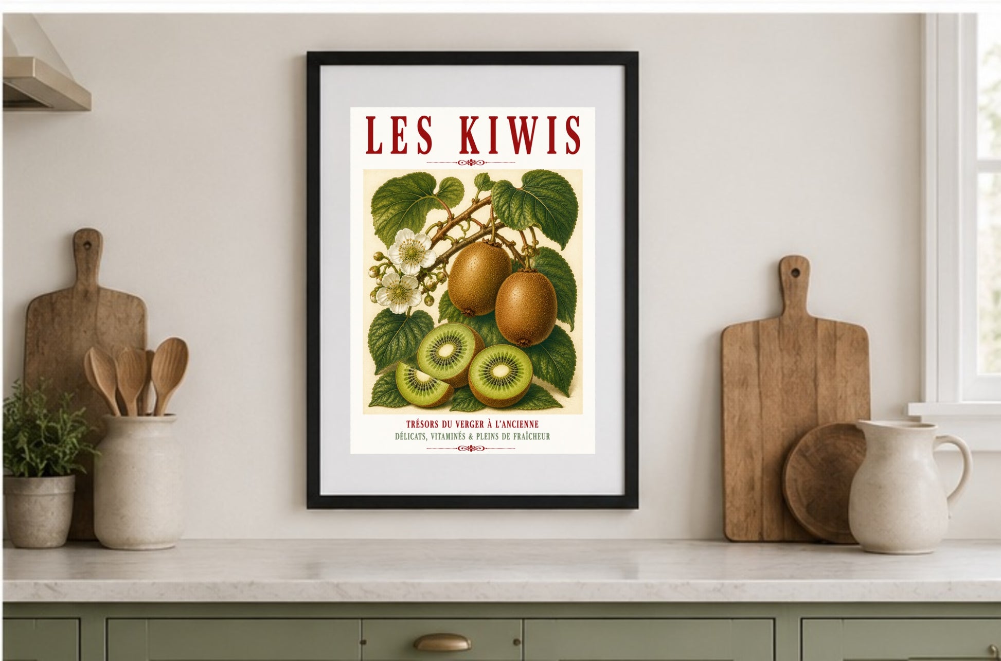 Illustrated French Kiwi Fruit Print | French Kitchen Wall Art, Illustrated French, Botanical, French Country, Fruit Illustration, Traditional Botanical, Rustic Kitchen, Country Kitchen, French Kitchen, Cottage Style, Botanical Wall Art wall artwork.