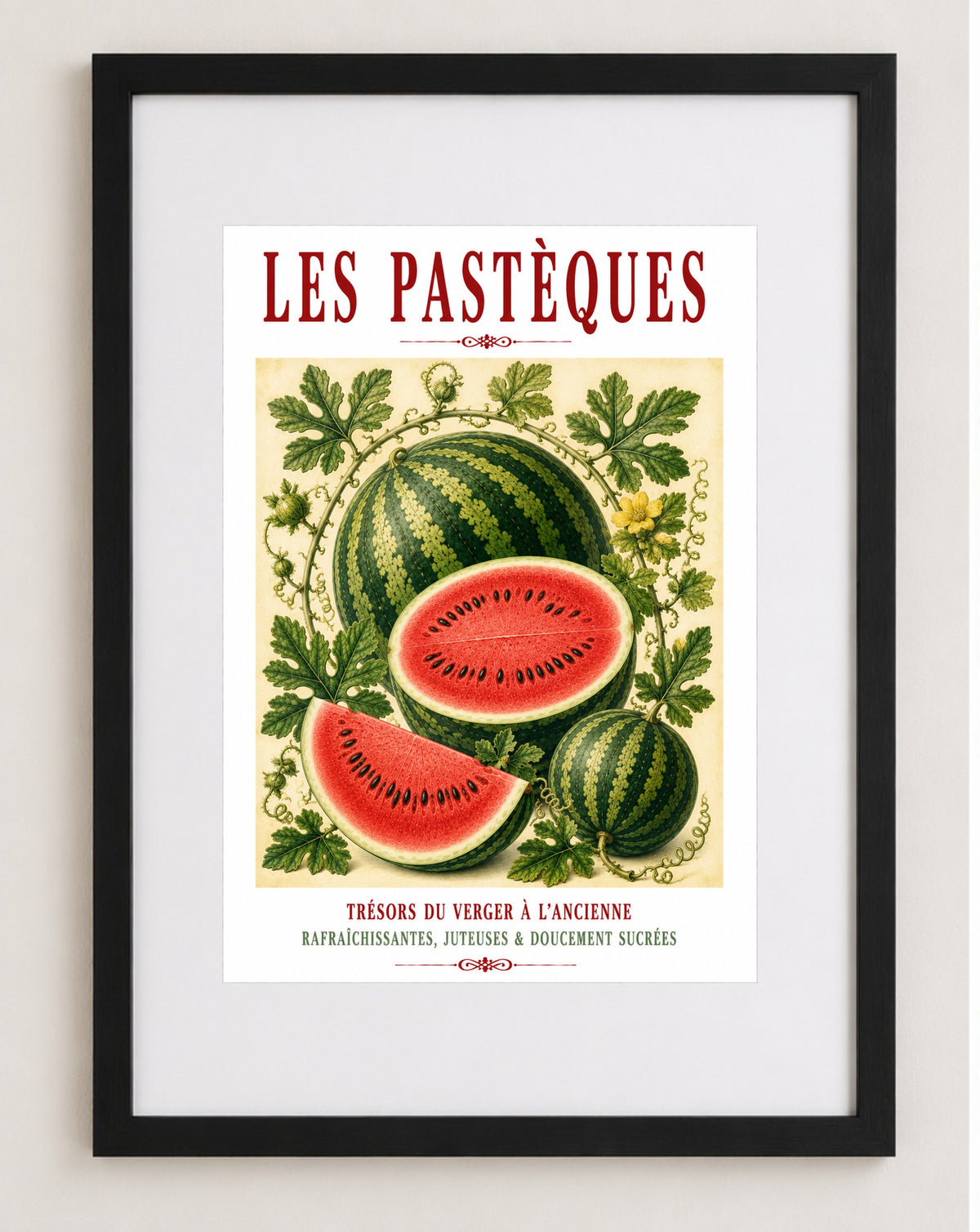 Illustrated French Watermelon Print | French Kitchen Wall Art, Illustrated French, Botanical, French Country, Mediterranean, Fruit Illustration, French Kitchen, Country Kitchen, Cottage Style, Summer Inspired, Botanical Wall Art wall artwork.