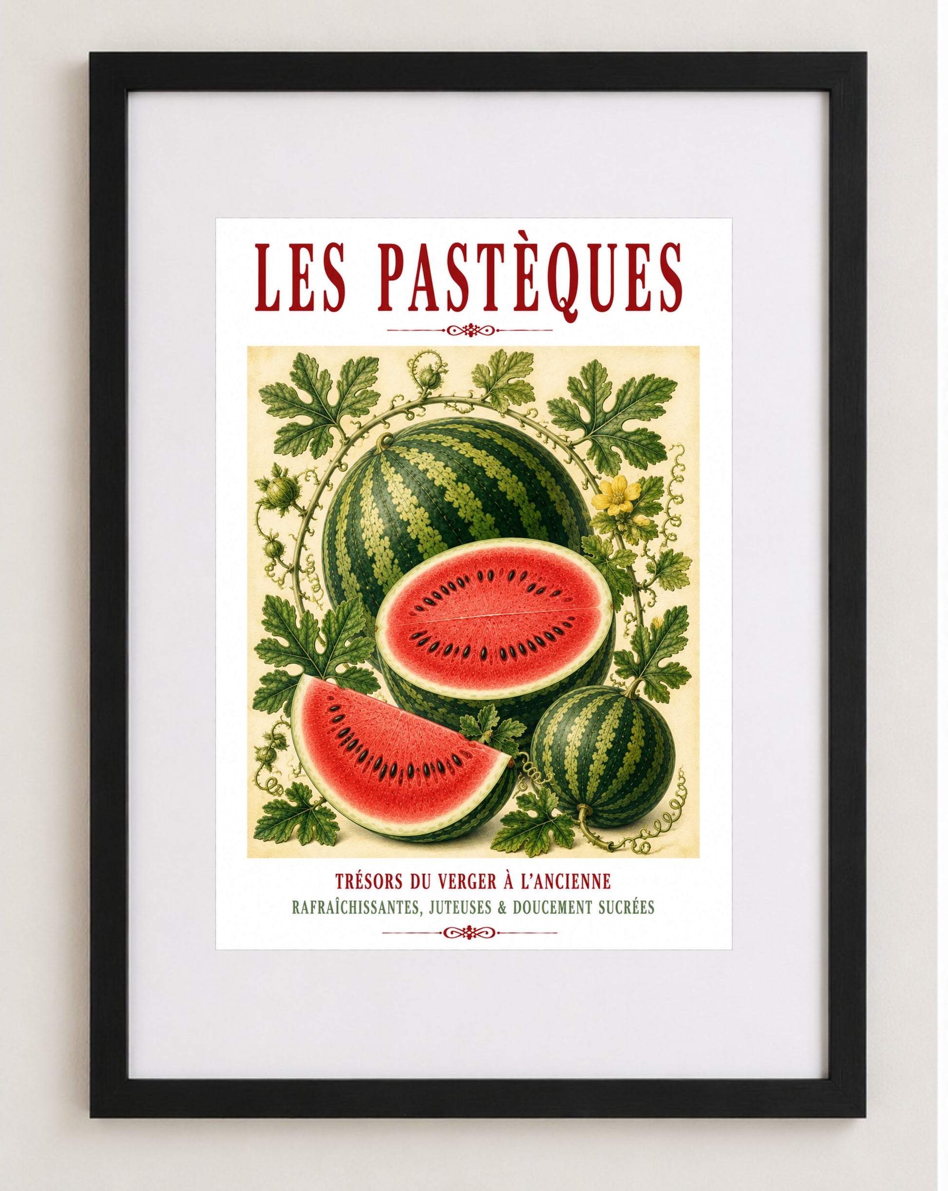 Illustrated French Watermelon Print | French Kitchen Wall Art, Illustrated French, Botanical, French Country, Mediterranean, Fruit Illustration, French Kitchen, Country Kitchen, Cottage Style, Summer Inspired, Botanical Wall Art wall artwork.