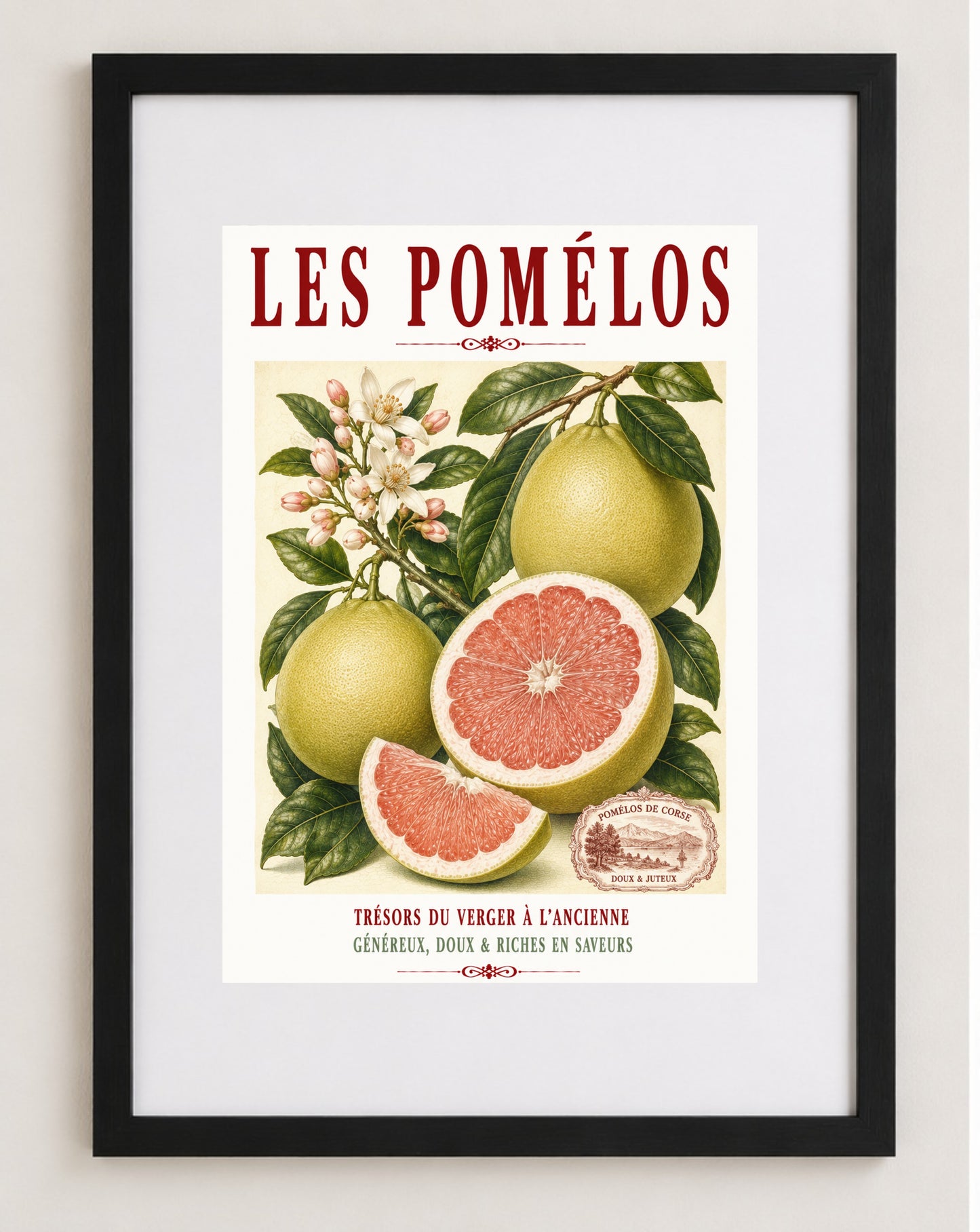 Illustrated French Pomelo Print | French Kitchen Wall Art, Illustrated French, Botanical, French Mediterranean, French Country, Citrus Art, Traditional Botanical Illustration, French Kitchen, Country Kitchen, Mediterranean Style, Pomological Illustration wall artwork.