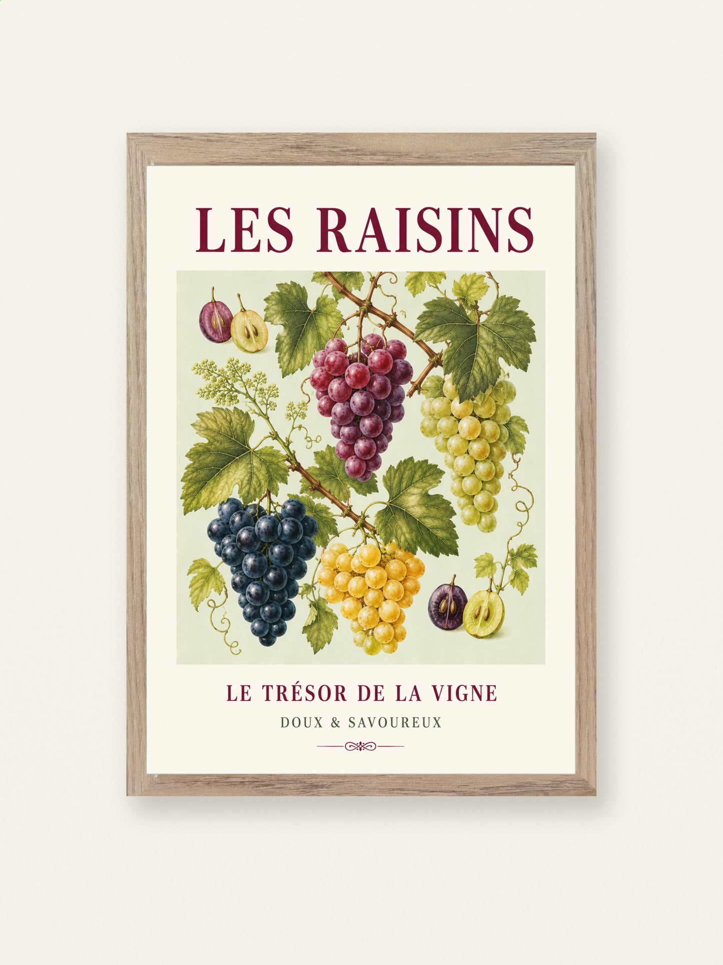 Les Raisins – Illustrated French Grape Print | French Kitchen Wall Art, Illustrated French, Botanical, French Country, Vineyard Inspired, Fruit Illustration, Country Kitchen, European Kitchen, Rustic Country wall artwork.
