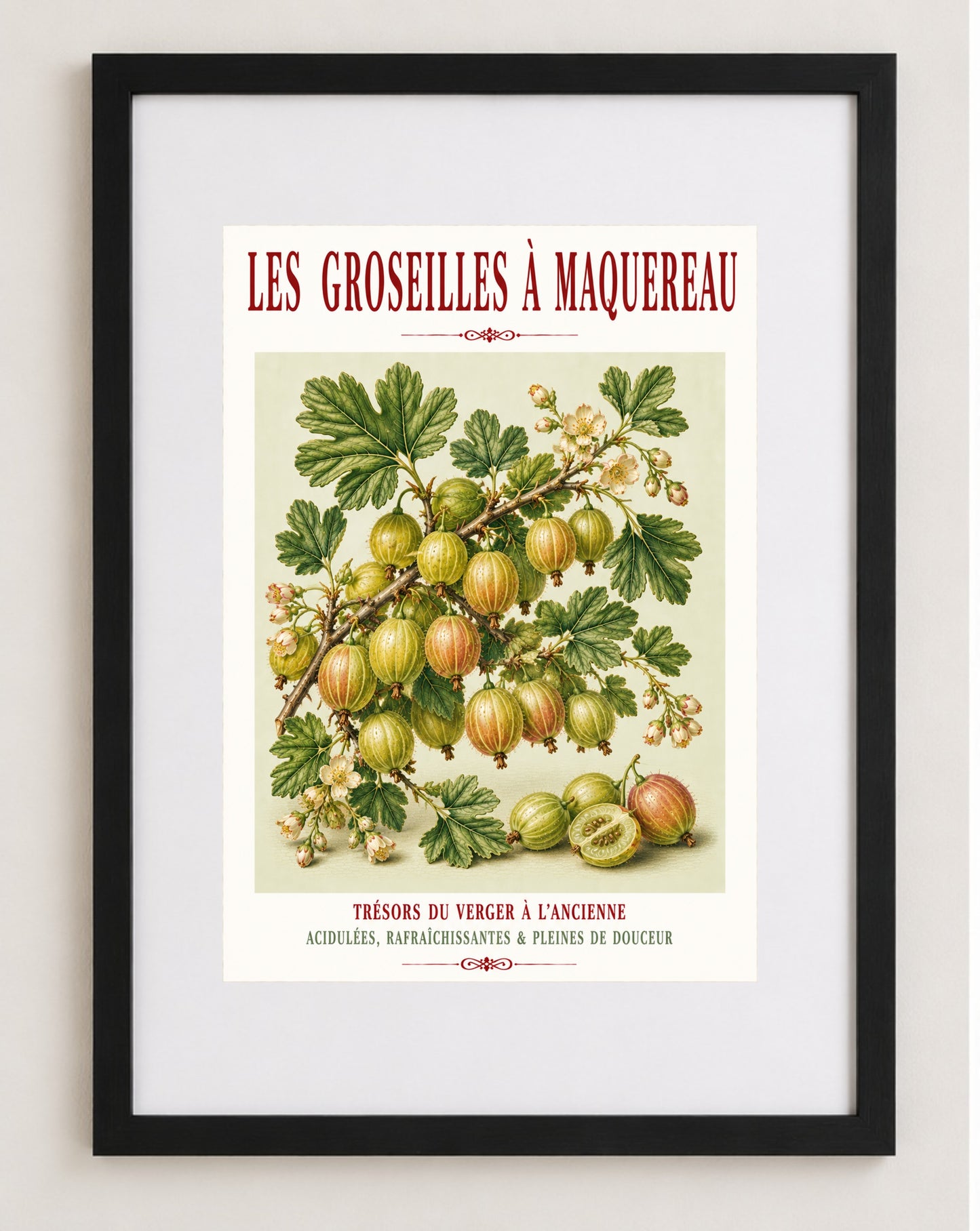 Illustrated French Gooseberry Print | French Kitchen Wall Art, Illustrated French, Botanical, French Country, Kitchen Garden, Fruit Illustration, French Kitchen, Country Kitchen, Cottage Garden, Botanical Wall Art wall artwork.