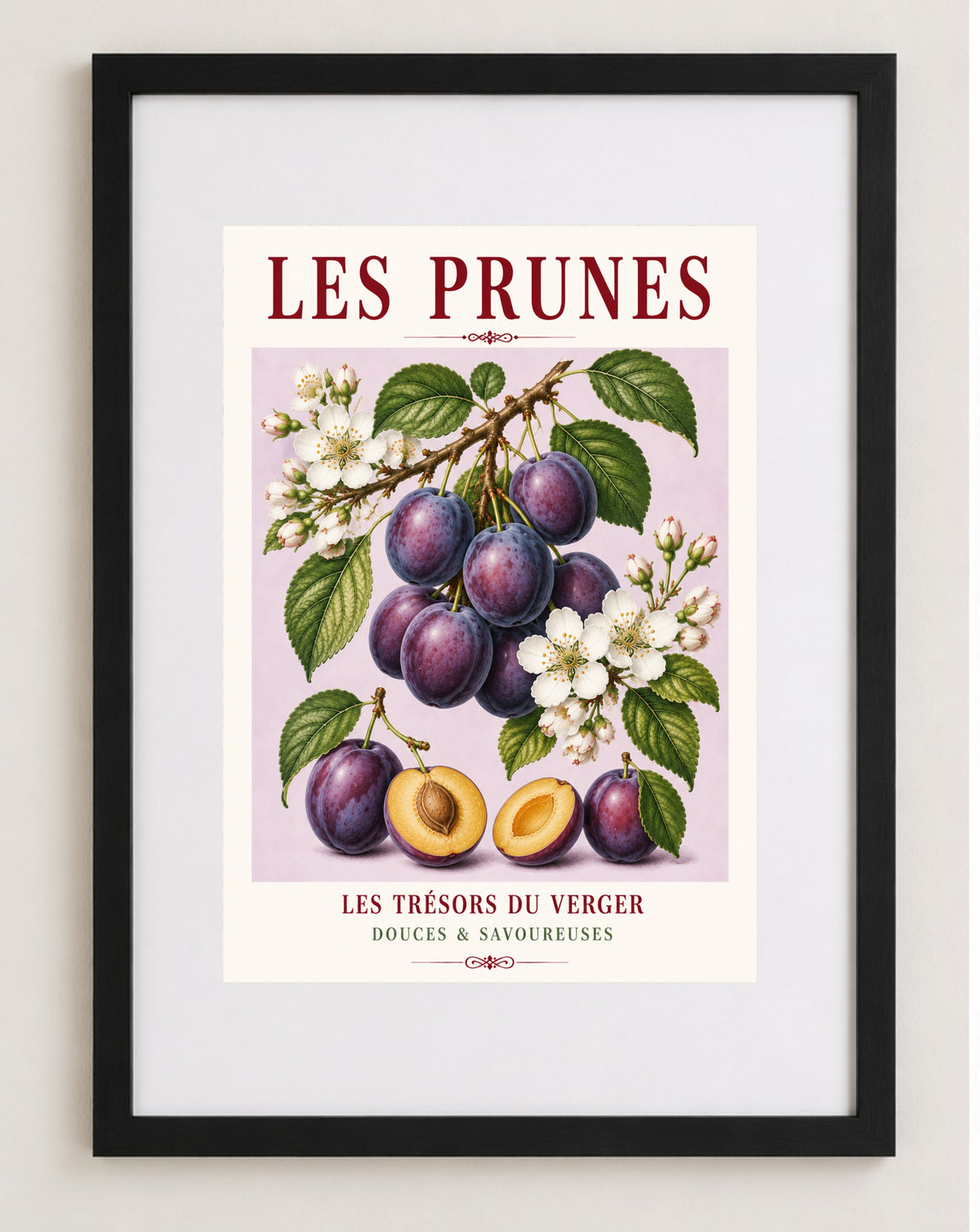 Illustrated French Plum Print - Les Prunes | French Kitchen Wall Art, Illustrated French, Botanical, French Country, Fruit Illustration, Orchard Inspired, Country Kitchen, Cottage Style, French Inspired wall artwork.