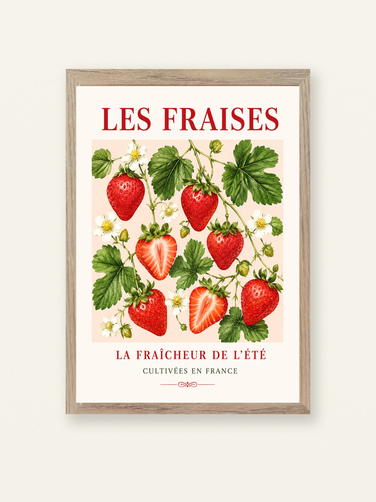 Les Fraises – French Strawberry Illustrated Print | French Fruit & Kitchen Wall Art, French Botanical, Illustrated French, French Country, Country Kitchen, Botanical Illustration, Cottage, European Kitchen, Fruit Art wall artwork.