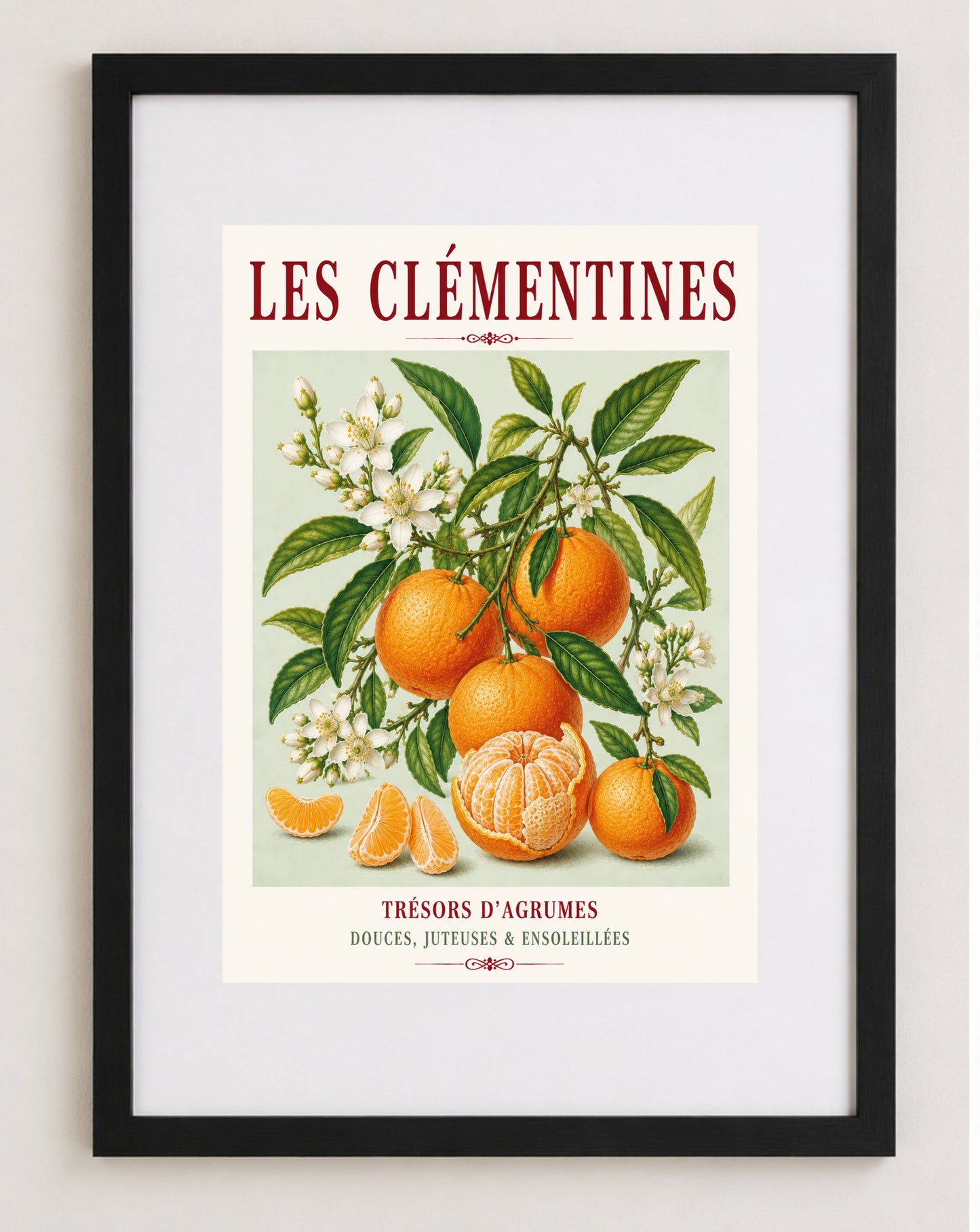 Illustrated French Clementine Print | French Kitchen Wall Art, Illustrated French, Botanical, Mediterranean, French Country, Citrus Illustration, Fruit Illustration, Country Kitchen, French Countryside, Botanical Wall Art wall artwork.