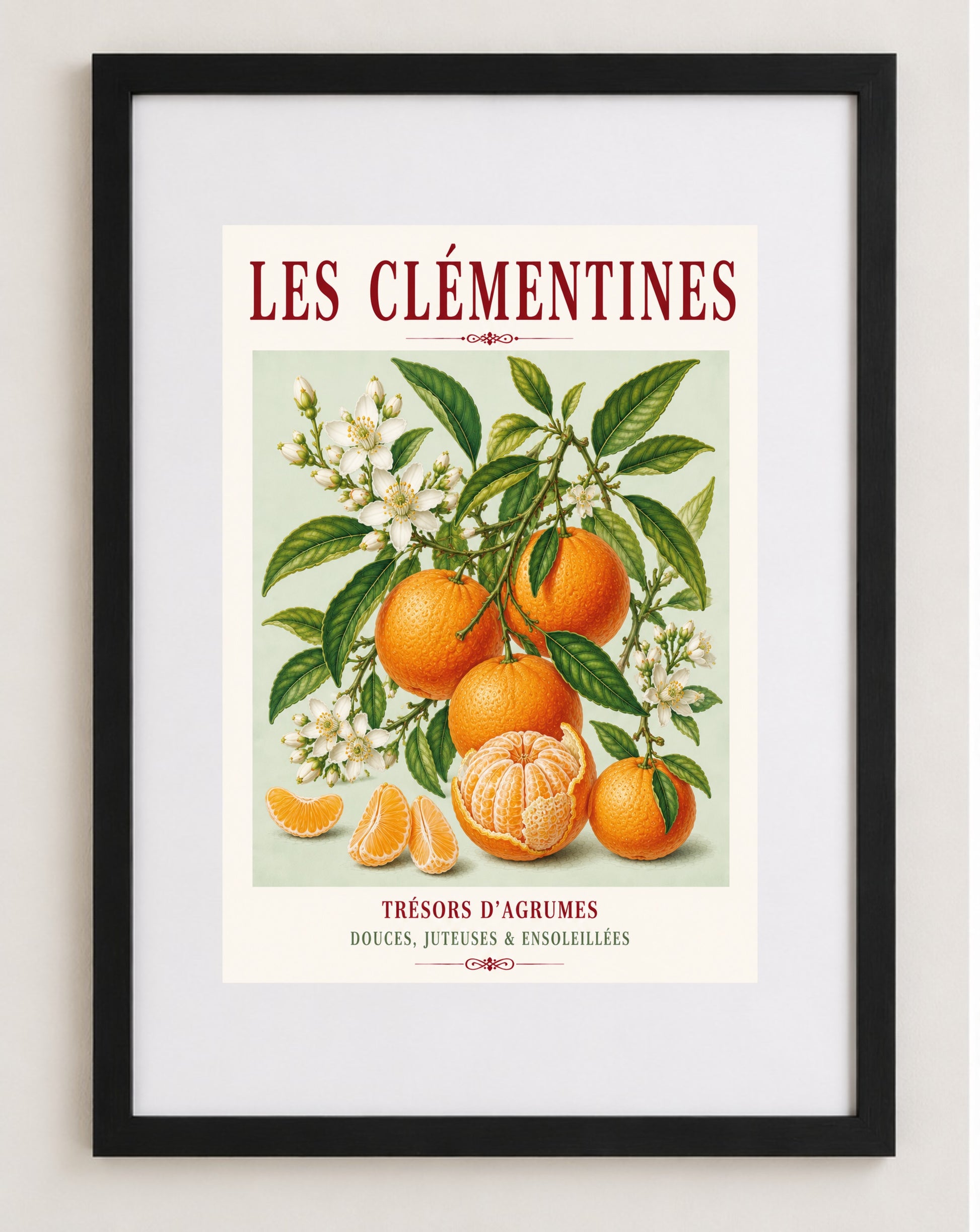 Illustrated French Clementine Print | French Kitchen Wall Art, Illustrated French, Botanical, Mediterranean, French Country, Citrus Illustration, Fruit Illustration, Country Kitchen, French Countryside, Botanical Wall Art wall artwork.