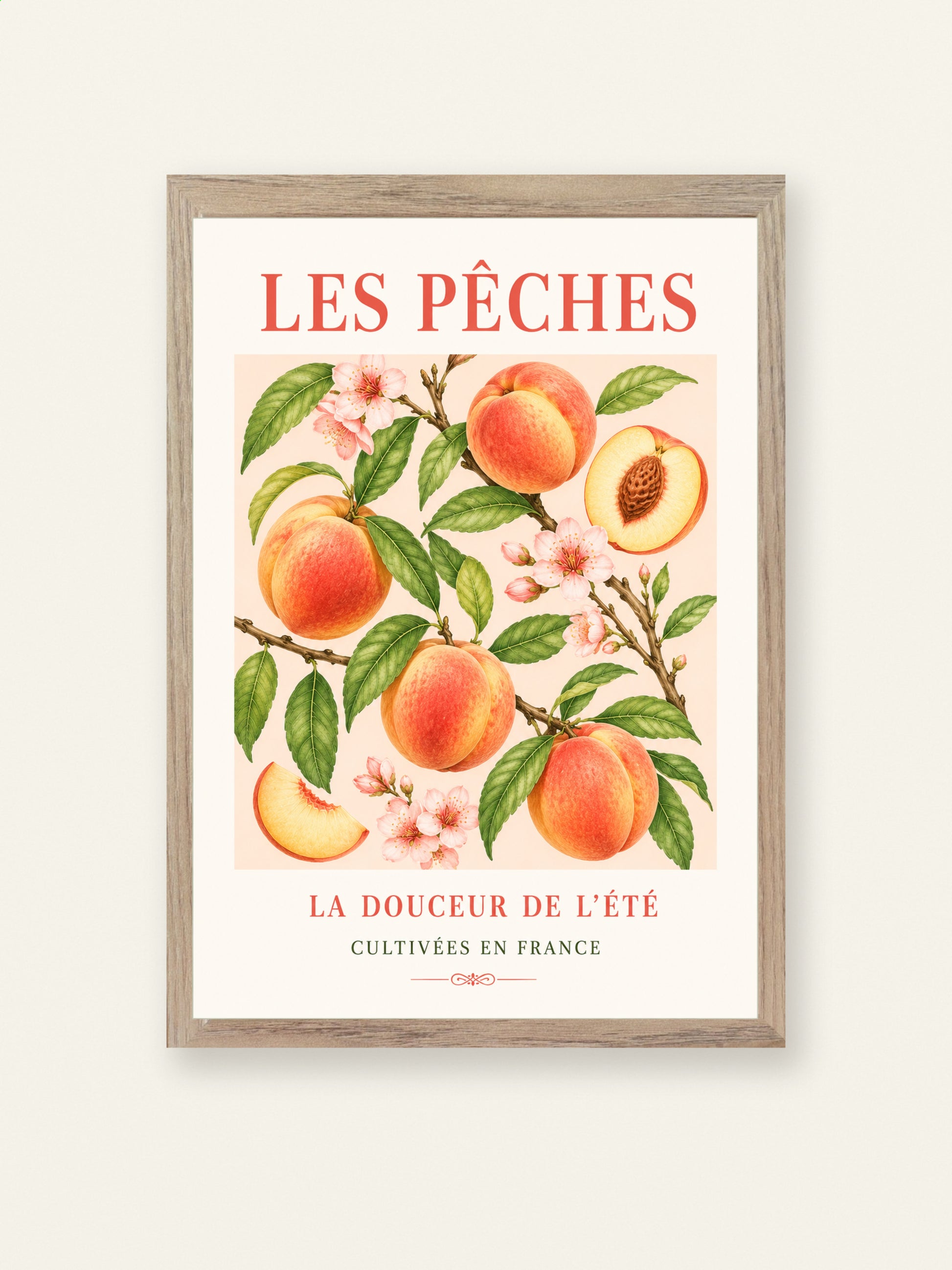 Les Pêches – Illustrated French Peach Print | French Kitchen Wall Art, Illustrated French, Botanical, French Country, Fruit Illustration, Orchard Inspired, Country Kitchen, Cottage Style, Provence Inspired wall artwork.