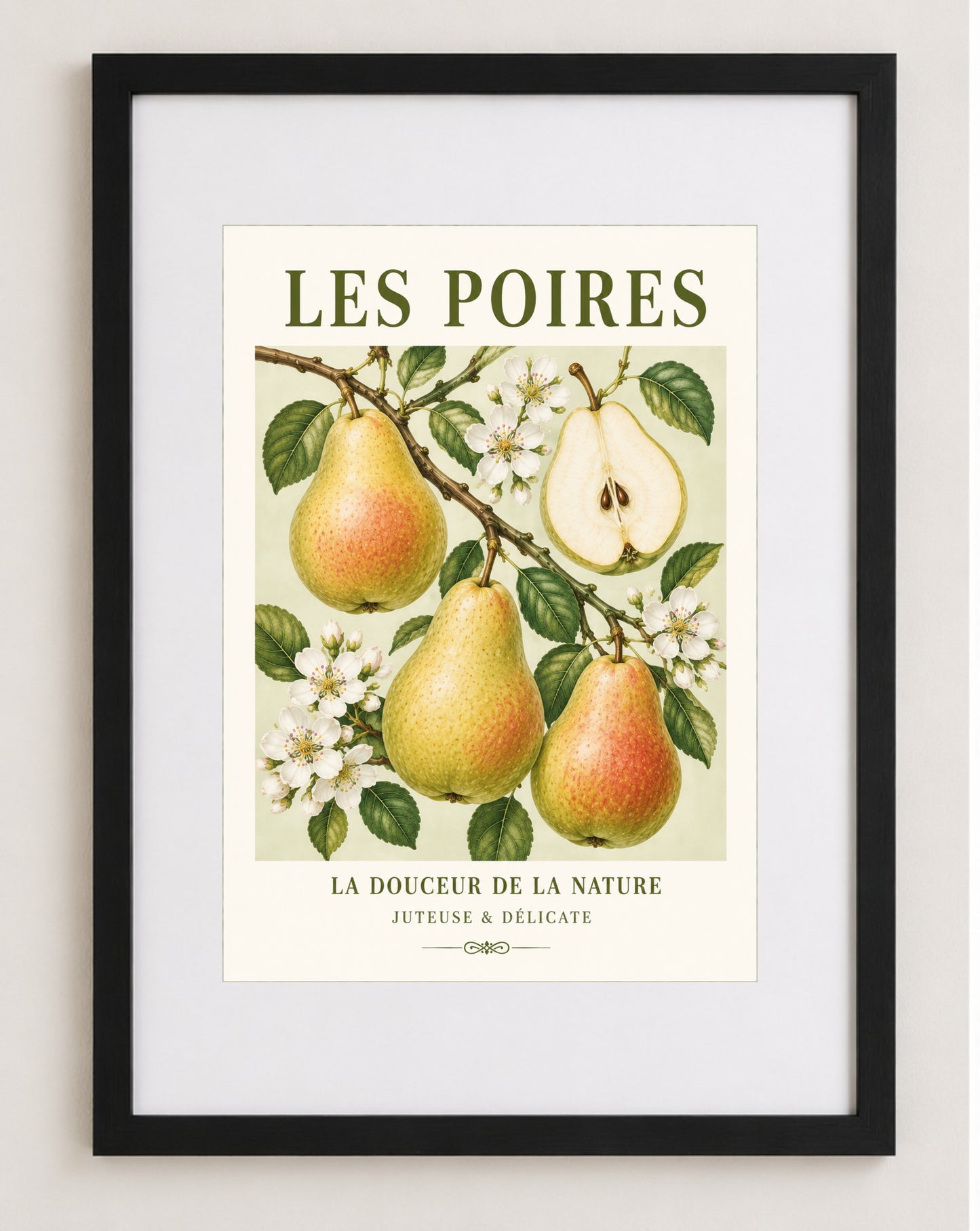 Les Poires – Illustrated French Pear Print | French Kitchen Wall Art, Illustrated French, Botanical, French Country, Country Kitchen, Orchard Inspired, Fruit Illustration, Cottage Style, Rustic Country wall artwork.