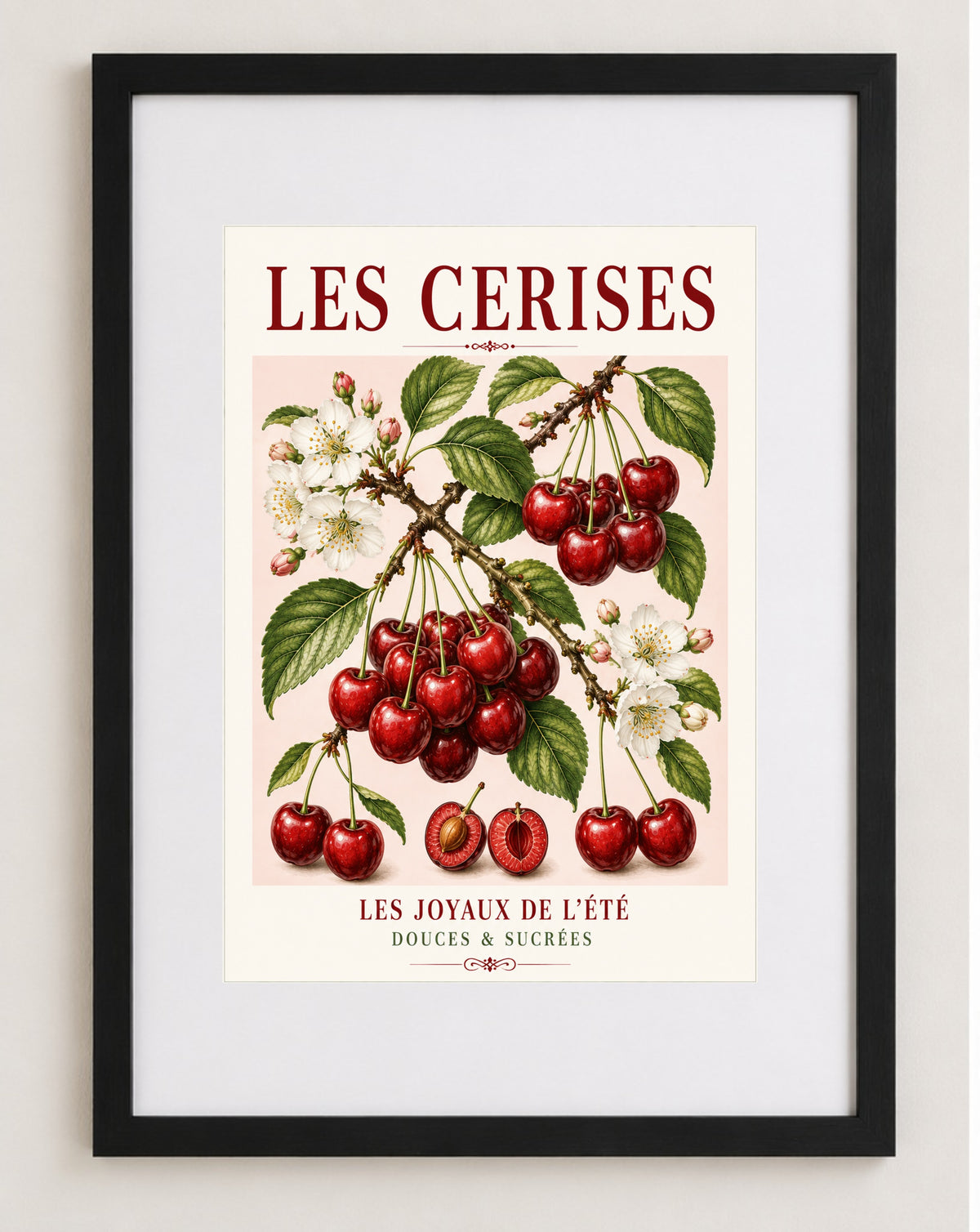 Les Cerises – Illustrated French Cherry Print | French Kitchen Wall Art, Illustrated French, Botanical, French Country, Country Kitchen, Fruit Illustration, European Kitchen, Cottage Style wall artwork.