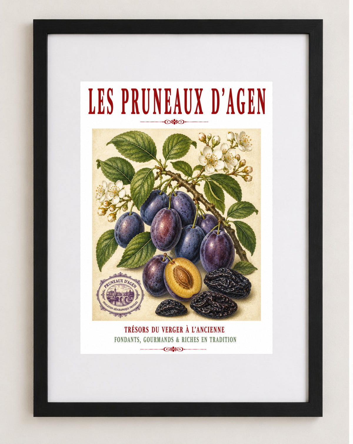 Les Pruneaux d’Agen – Illustrated French Agen Prune Print | French Kitchen Wall Art, Illustrated French, Botanical, French Country, Traditional French, Orchard Style, Pomological Illustration, French Kitchen, Country Kitchen, Regional French Food Art wall artwork.