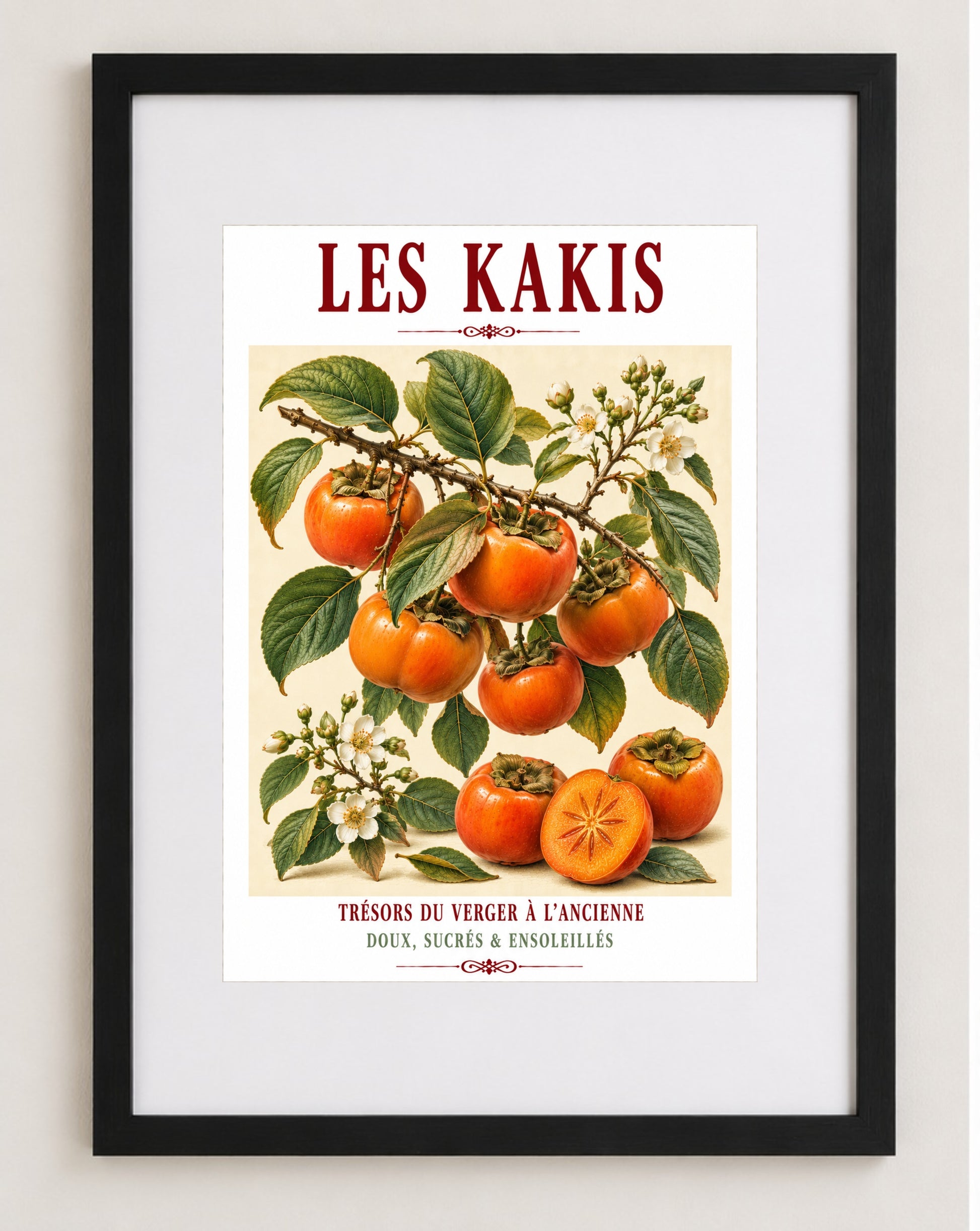 Illustrated French Persimmon (Sharon Fruit) Print | French Kitchen Wall Art, Illustrated French, Botanical, French Country, Orchard Inspired, Fruit Illustration, Mediterranean, French Kitchen, Country Kitchen, Cottage Style, Botanical Wall Art wall artwork.