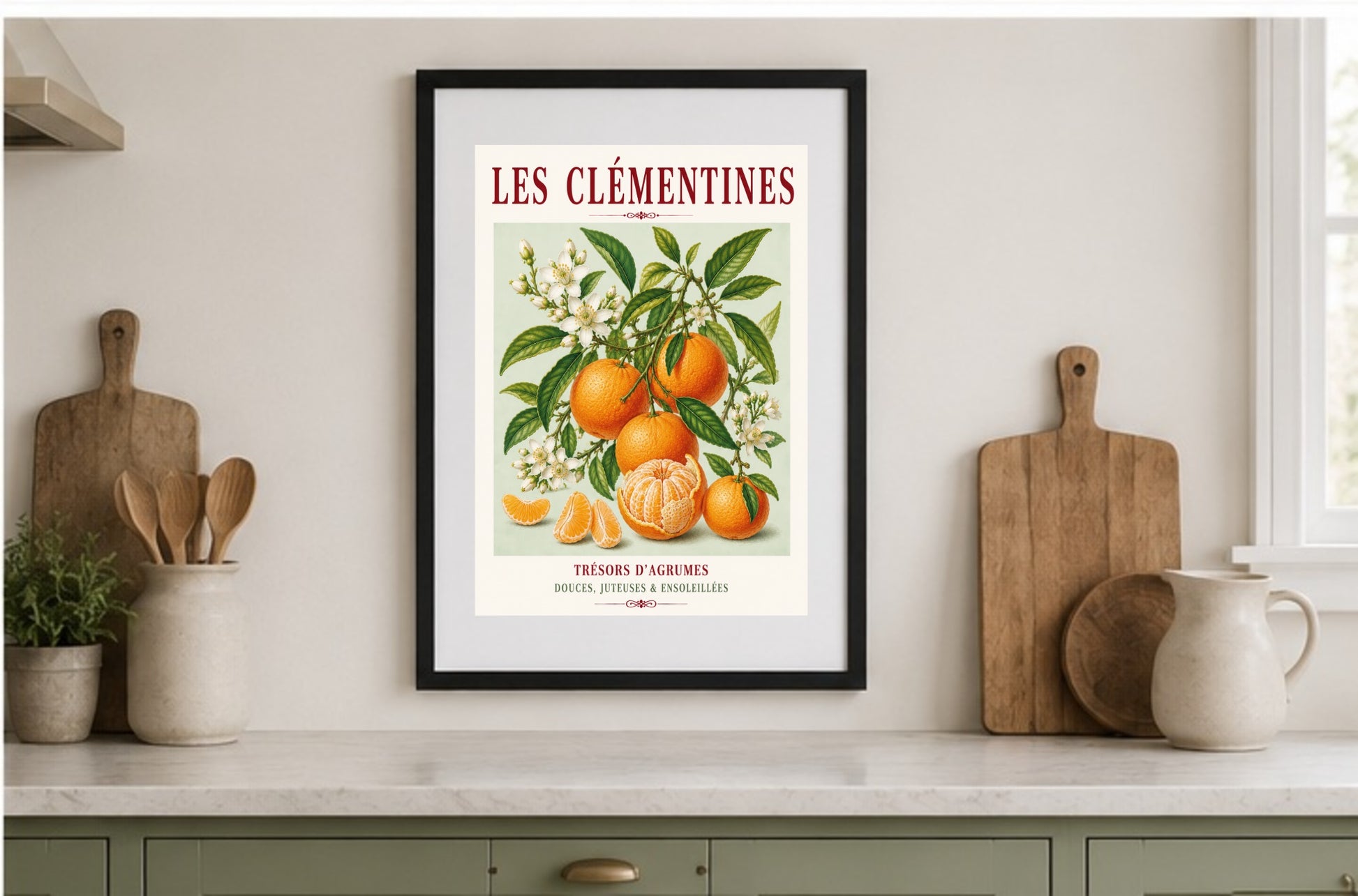Illustrated French Clementine Print | French Kitchen Wall Art, Illustrated French, Botanical, Mediterranean, French Country, Citrus Illustration, Fruit Illustration, Country Kitchen, French Countryside, Botanical Wall Art wall artwork.