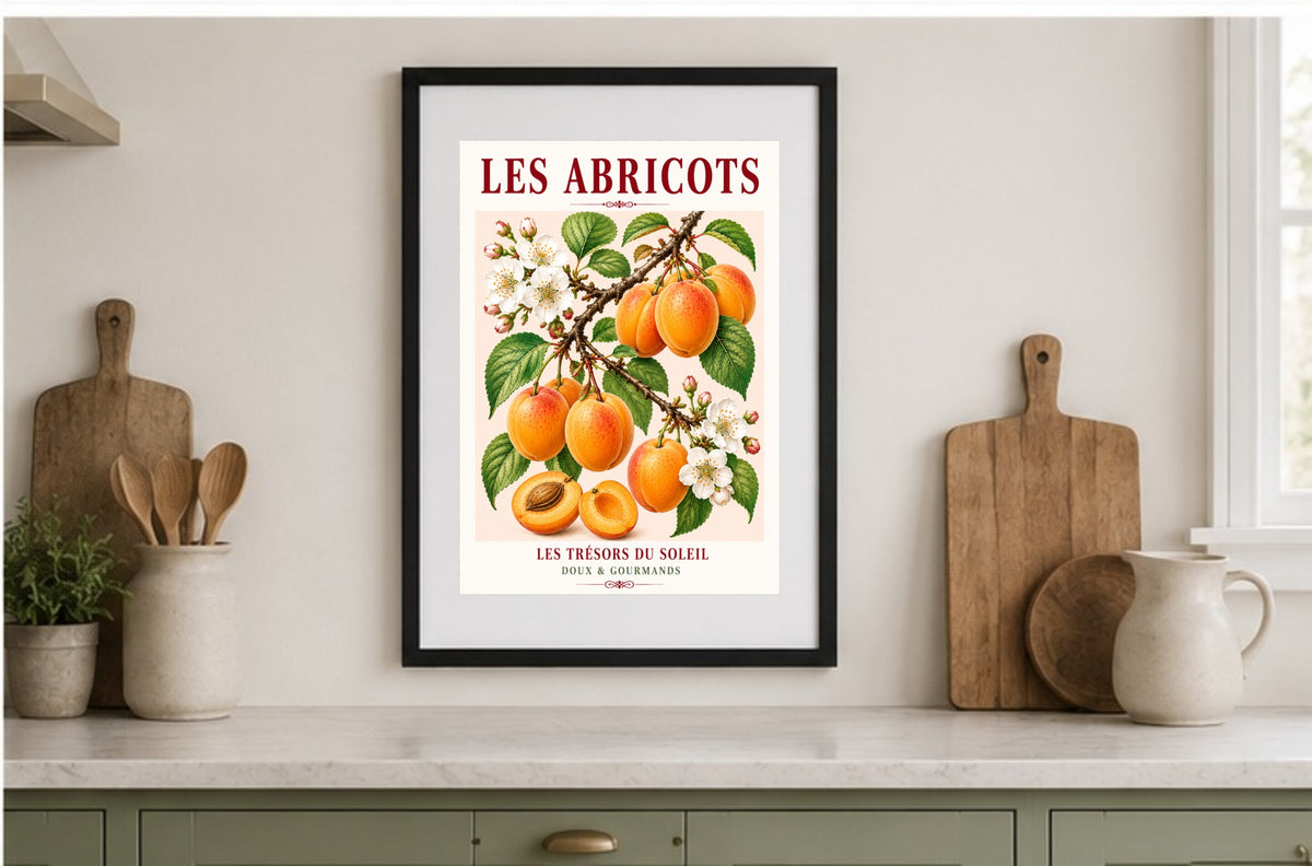 Les Abricots – Illustrated French Apricot Print | French Kitchen Wall Art, Illustrated French, Botanical, French Country, Fruit Illustration, Orchard Inspired, Country Kitchen, Cottage Style, Provence Inspired, Mediterranean Inspired wall artwork.