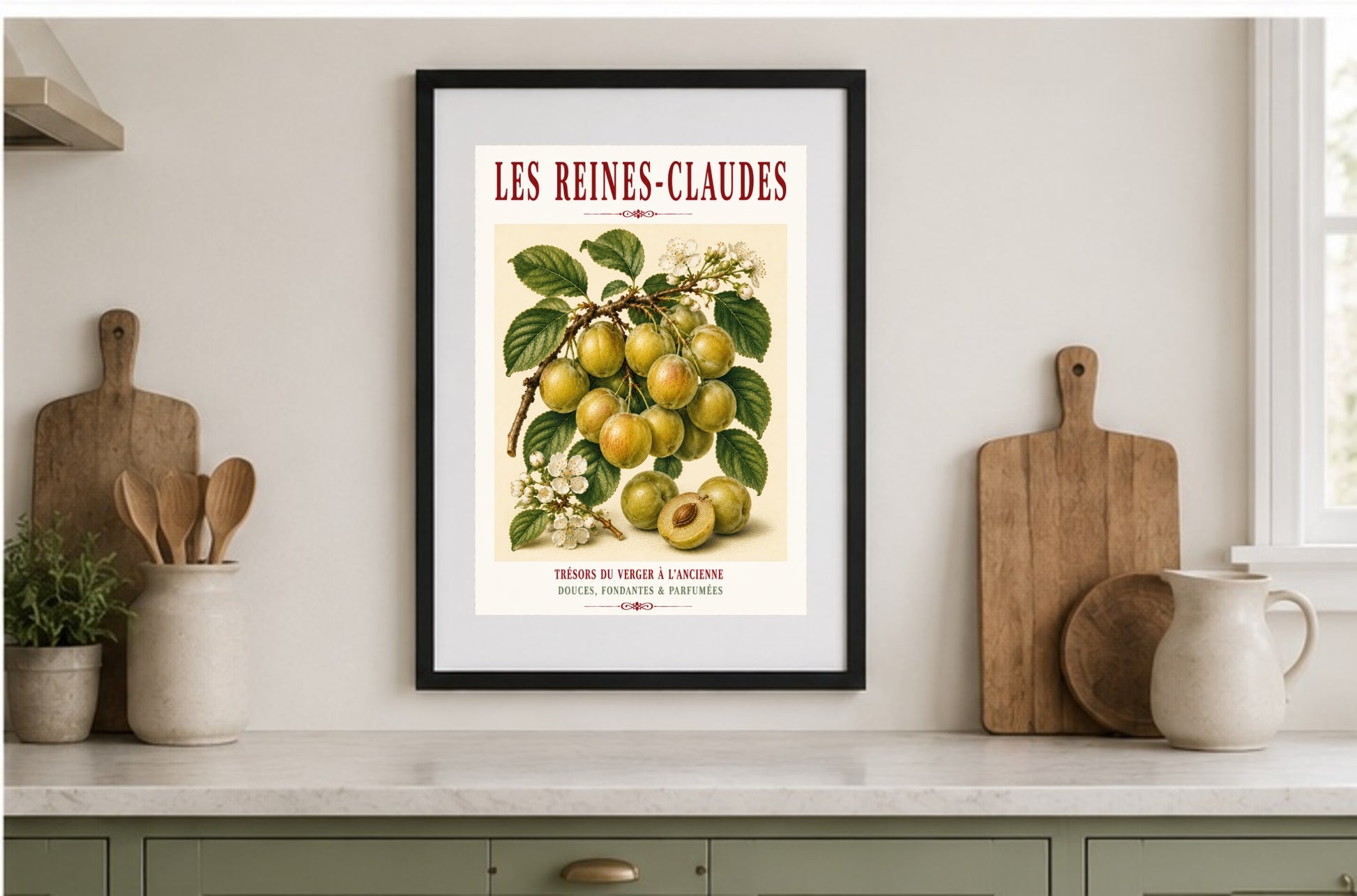 Les Reines-Claudes – Illustrated French Greengage Print | French Kitchen Wall Art, Illustrated French, Botanical, French Country, Orchard Inspired, Fruit Illustration, French Kitchen, Country Kitchen, Cottage Style, Botanical Wall Art wall artwork.