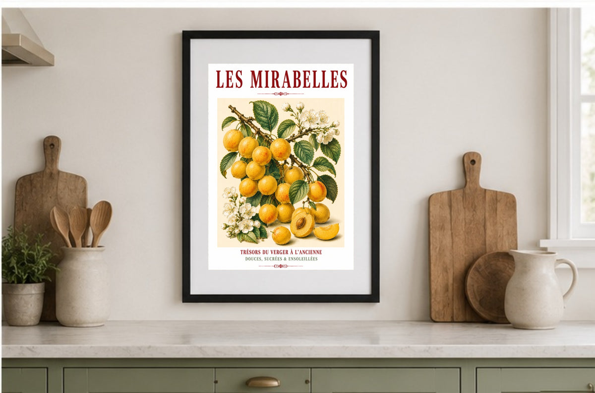 Illustrated French Mirabelle Plum Print | French Kitchen Wall Art, Illustrated French, Botanical, French Country, Fruit Illustration, Orchard Art, French Kitchen, Country Kitchen, French Provincial, Botanical Wall Art wall artwork.