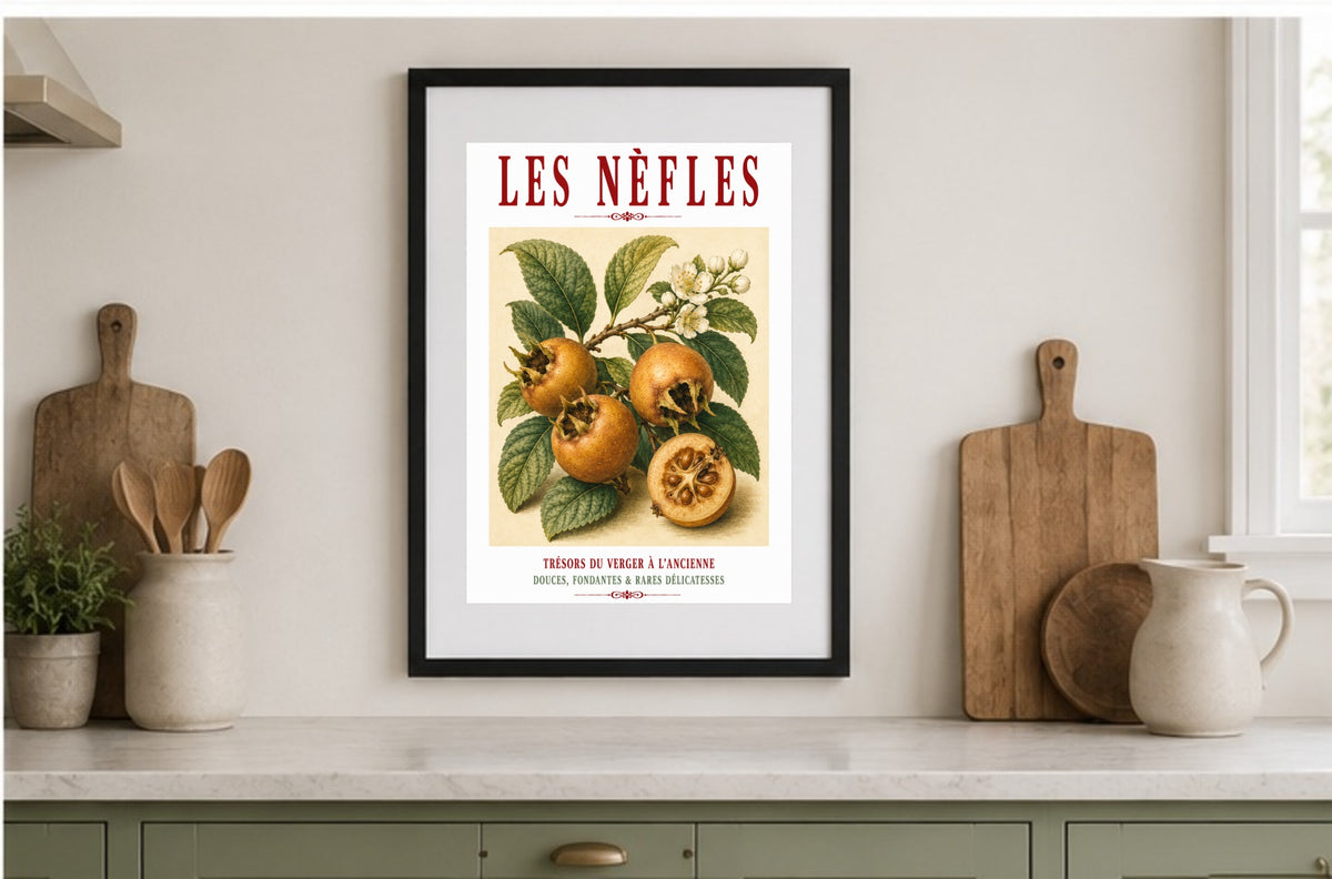 Illustrated French Medlar Print | French Kitchen Wall Art, Illustrated French, Botanical, French Country, Heritage Fruit, Orchard Inspired, French Kitchen, Country Kitchen, Cottage Style, Traditional Botanical, Rustic Wall Art wall artwork.