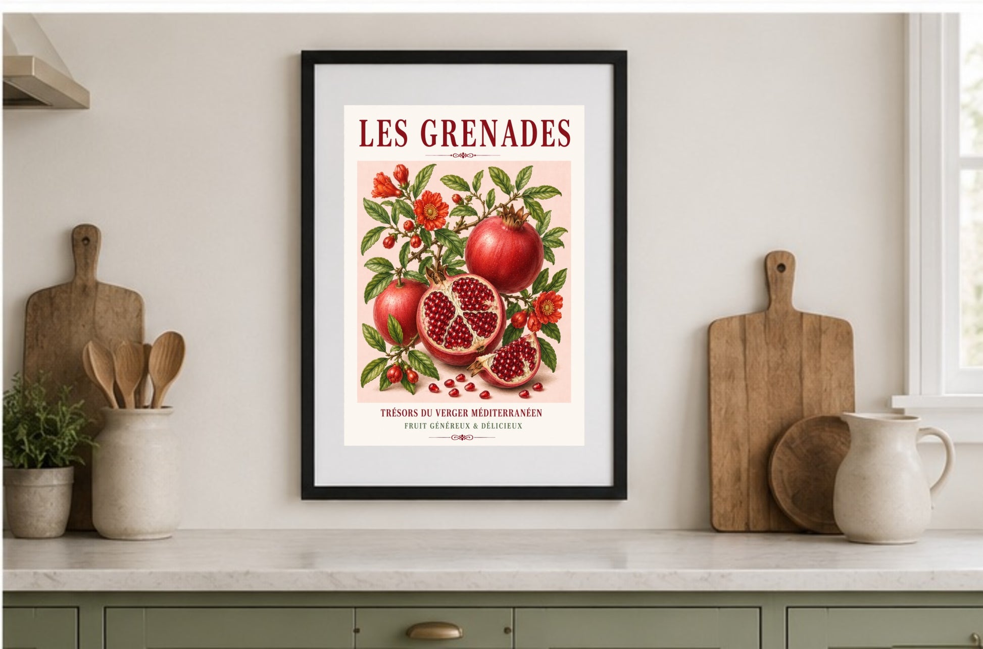 French Pomegranate Illustrated Print | French Kitchen Wall Art, Illustrated French, Botanical, Mediterranean, French Country, Fruit Illustration, Country Kitchen, French Countryside, Botanical Wall Art wall artwork.