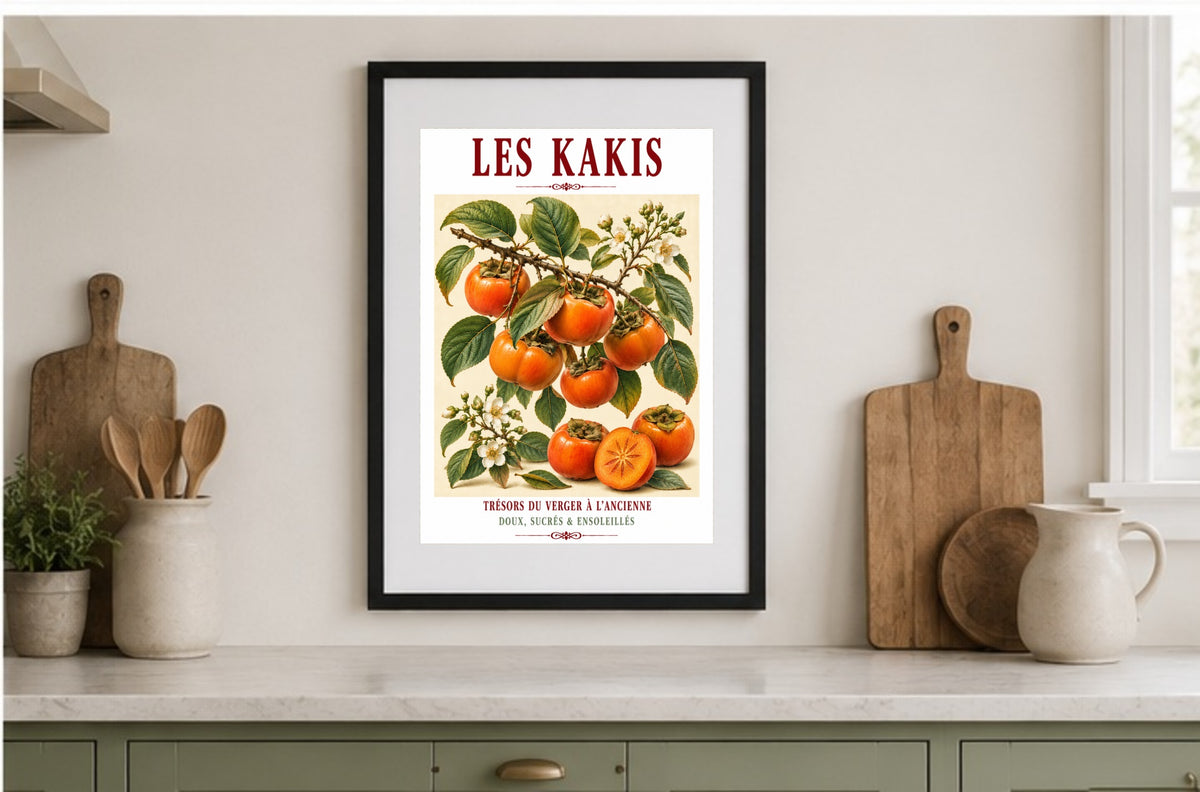Illustrated French Persimmon (Sharon Fruit) Print | French Kitchen Wall Art, Illustrated French, Botanical, French Country, Orchard Inspired, Fruit Illustration, Mediterranean, French Kitchen, Country Kitchen, Cottage Style, Botanical Wall Art wall artwork.