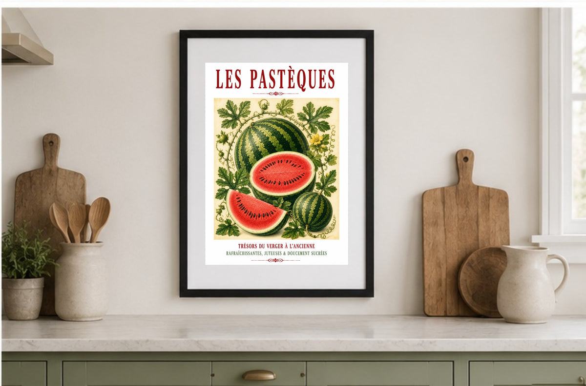 Illustrated French Watermelon Print | French Kitchen Wall Art, Illustrated French, Botanical, French Country, Mediterranean, Fruit Illustration, French Kitchen, Country Kitchen, Cottage Style, Summer Inspired, Botanical Wall Art wall artwork.