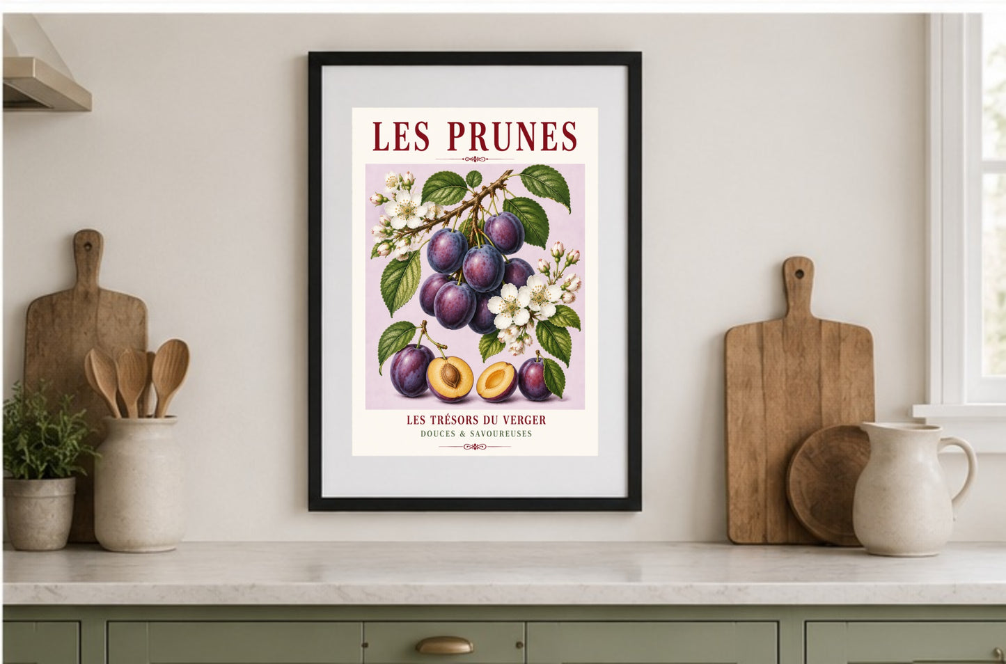 Illustrated French Plum Print - Les Prunes | French Kitchen Wall Art, Illustrated French, Botanical, French Country, Fruit Illustration, Orchard Inspired, Country Kitchen, Cottage Style, French Inspired wall artwork.