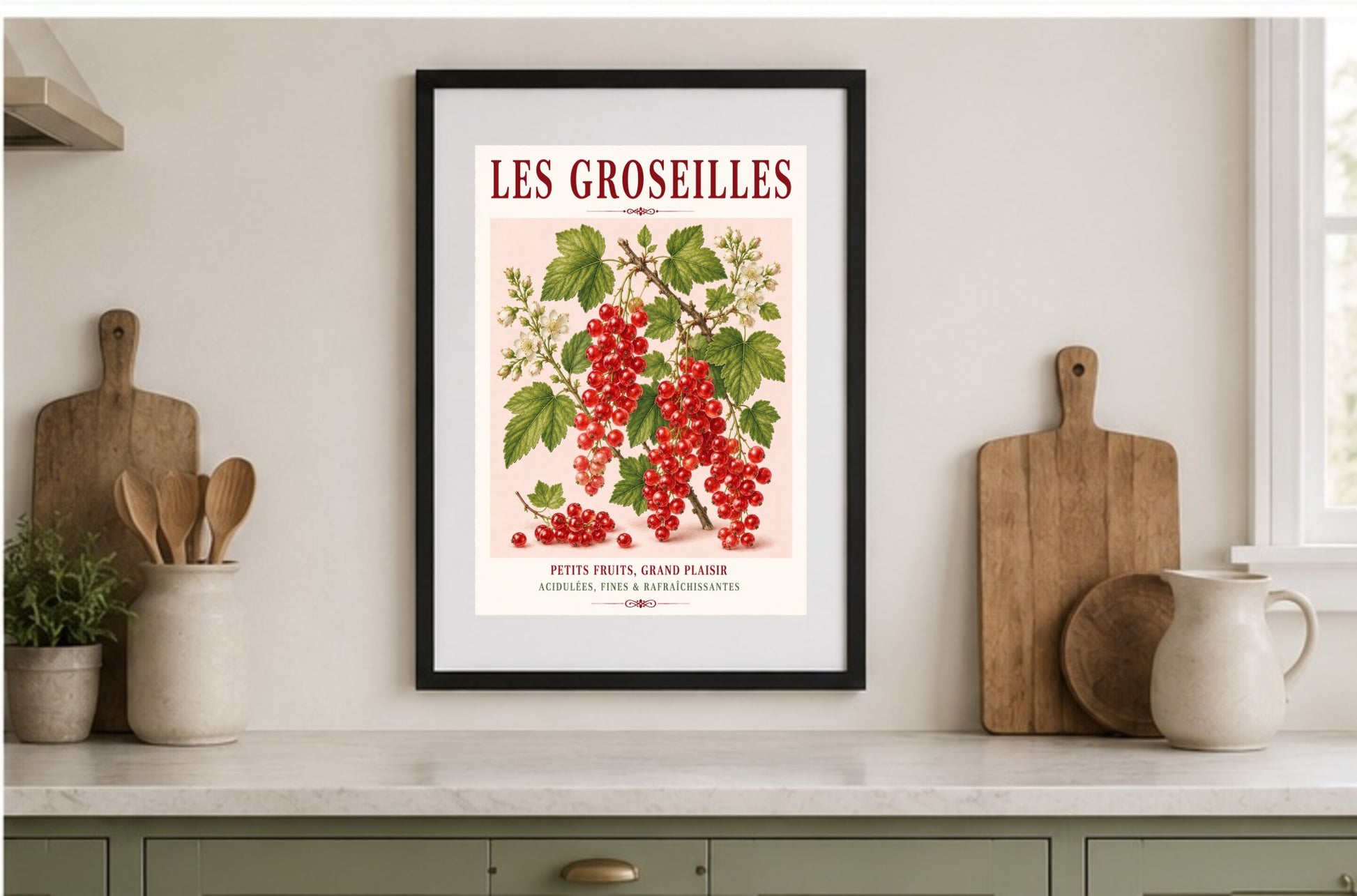 Illustrated French Redcurrant Print | French Kitchen Wall Art, Illustrated French, Botanical, French Country, Berry Illustration, Fruit Illustration, Country Kitchen, French Countryside, Cottage Style, Botanical Wall Art wall artwork.